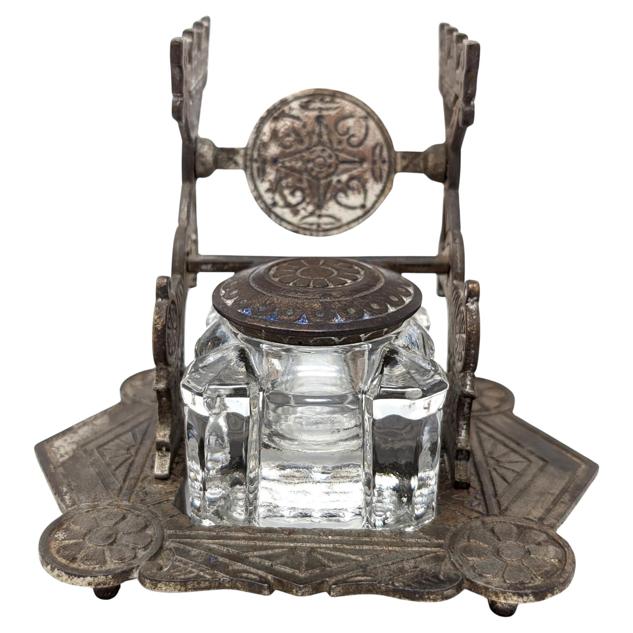 Antique Victorian Judd Cast Iron Glass Inkwell and Pen Stand