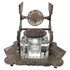 Antike viktorianische Judd Gusseisen Glas Tintenfass und Pen Stand