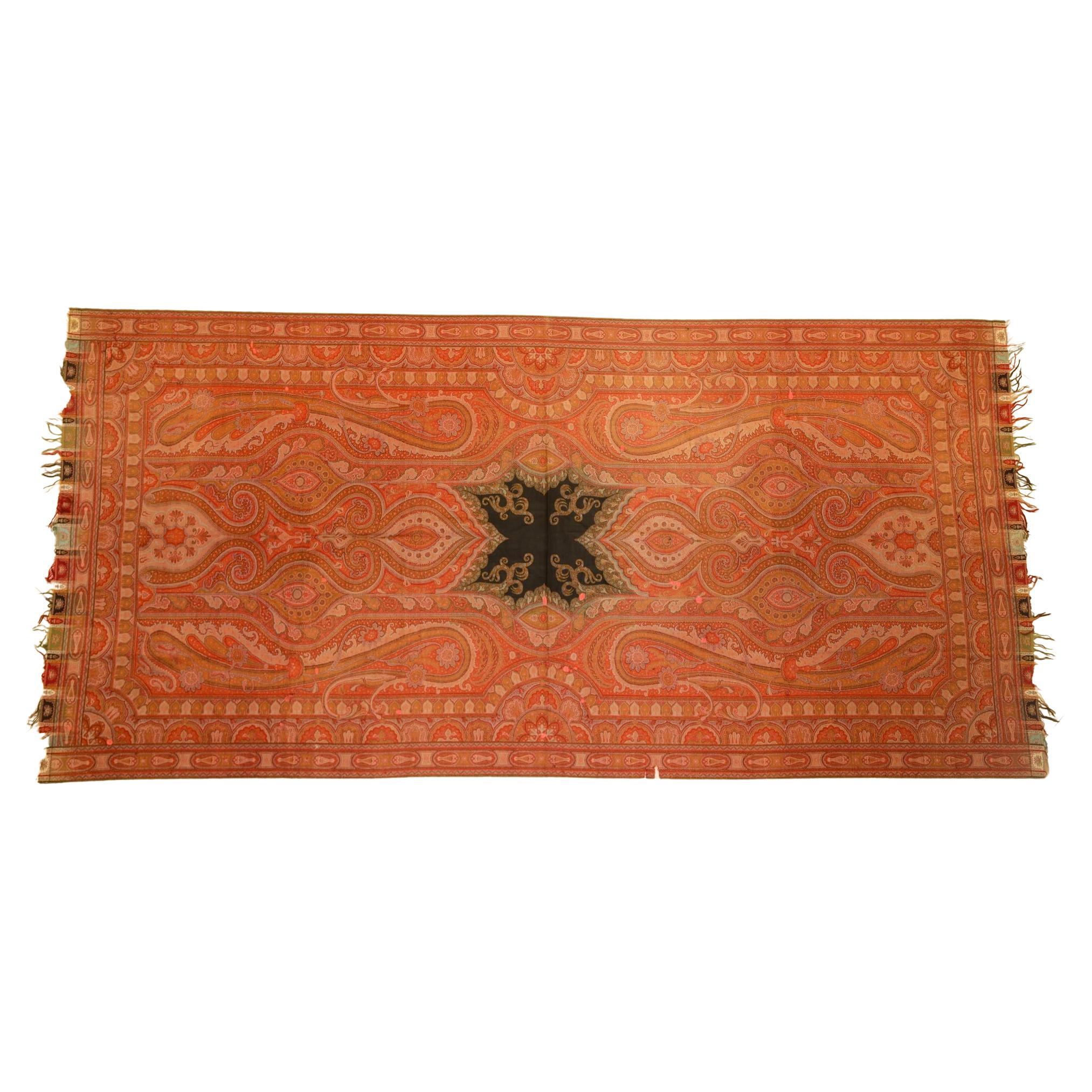 Antico scialle tessile vittoriano Kashmir Paisley del 19° secolo.