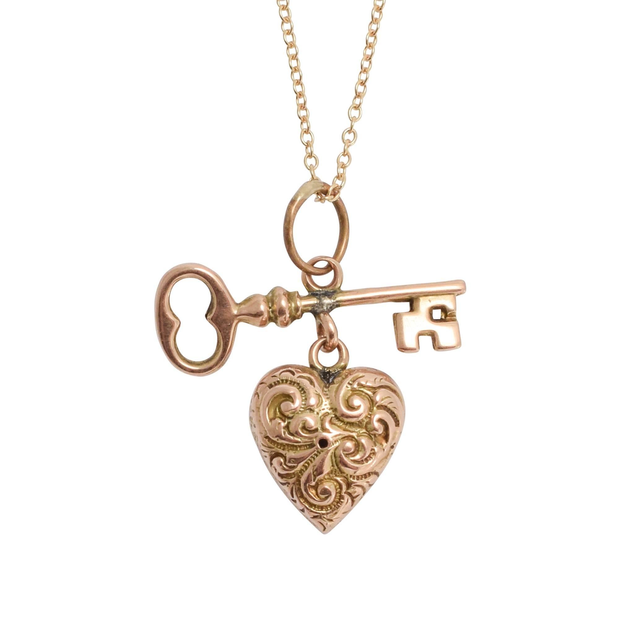 Antique Victorian "Key to My Heart" Gold Pendant Necklace