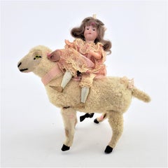 Antique Victorian Key Wind Mechanical Girl or Doll Riding a Lamb Toy, as Found