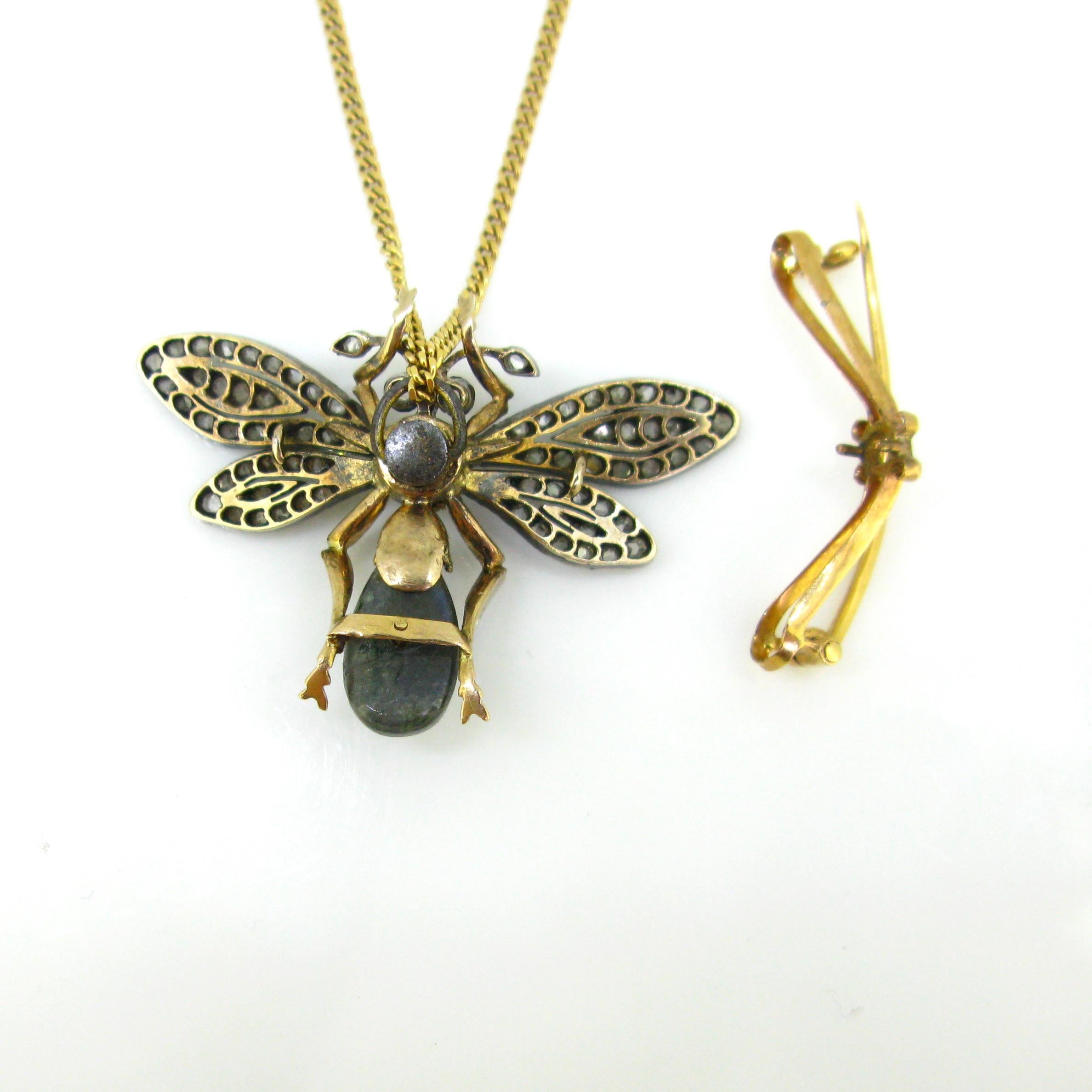 Broche pendentif ancien de style victorien convertible en forme d'abeille en or avec labradorite et diamants en vente 4