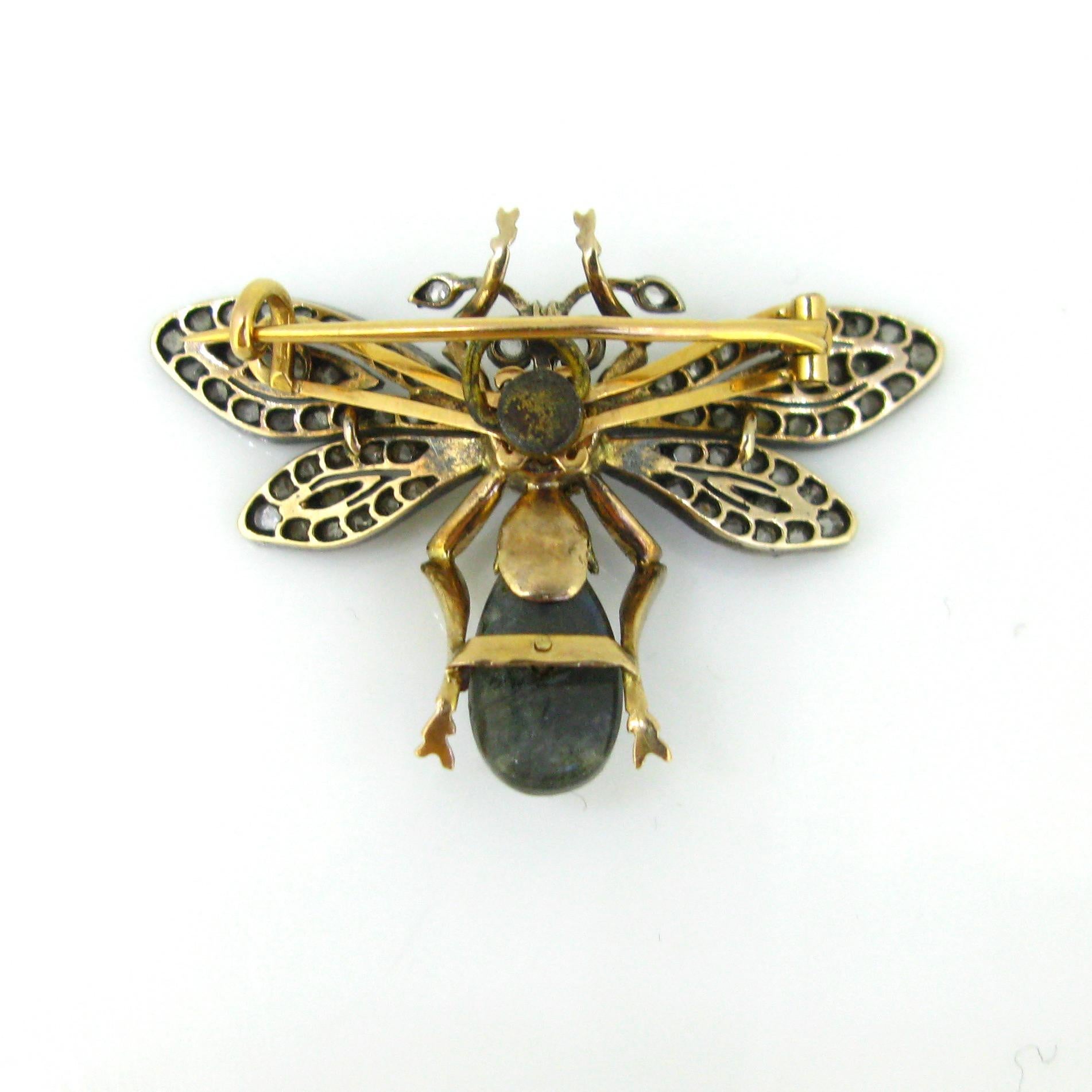 Broche pendentif ancien de style victorien convertible en forme d'abeille en or avec labradorite et diamants en vente 1