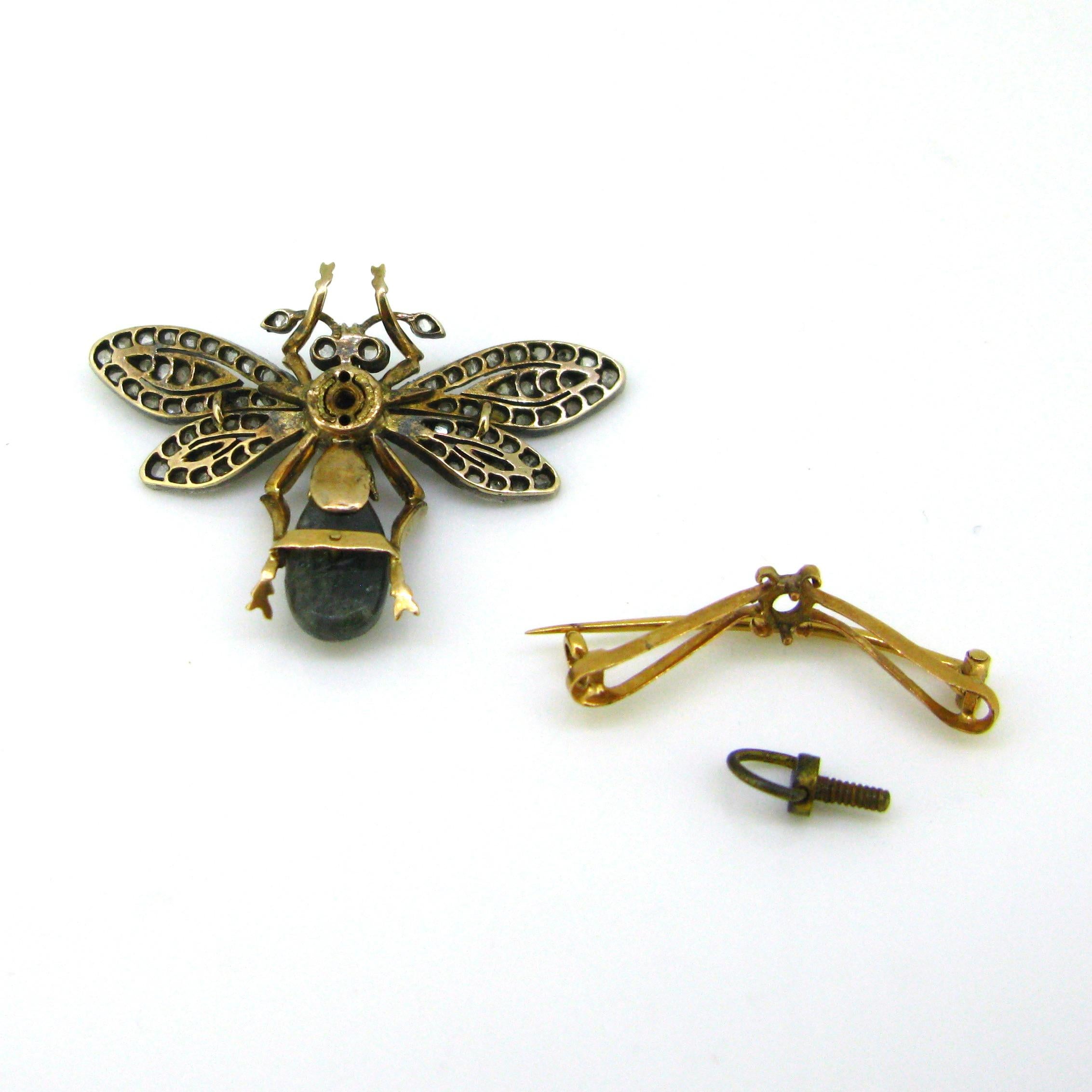 Broche pendentif ancien de style victorien convertible en forme d'abeille en or avec labradorite et diamants en vente 3