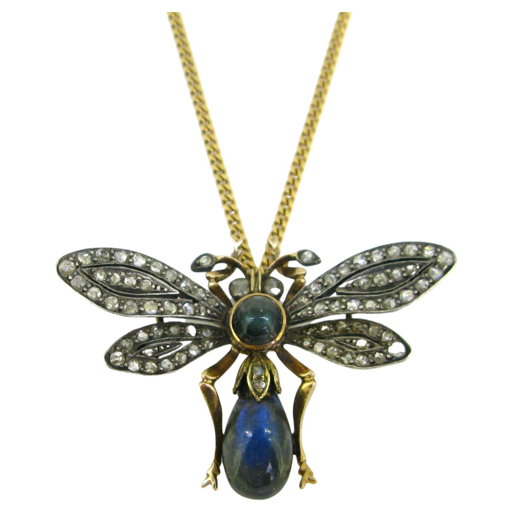 Broche pendentif ancien de style victorien convertible en forme d'abeille en or avec labradorite et diamants en vente