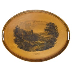 Antique Victorian Lacquered Toleware Tray with Heidelberg Scene, 19th Century
