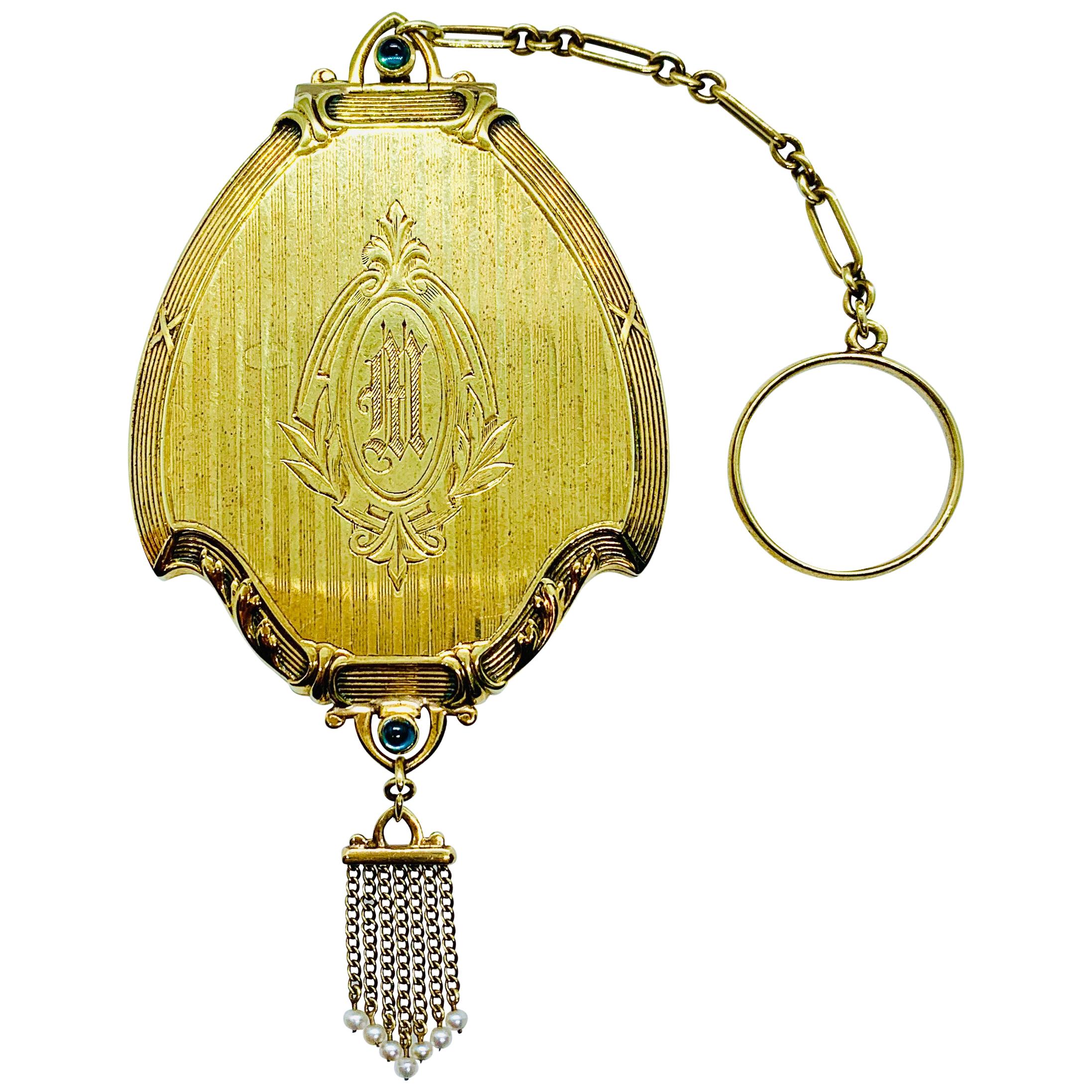 Antique Victorian Ladies Compact Mirror 14 Karat Gold Pearl & Cabochon Sapphire