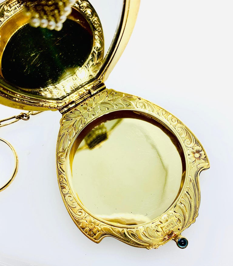 Antique Victorian Ladies Compact Mirror 14 Karat Gold Pearl and Cabochon Sapphire at 1stDibs