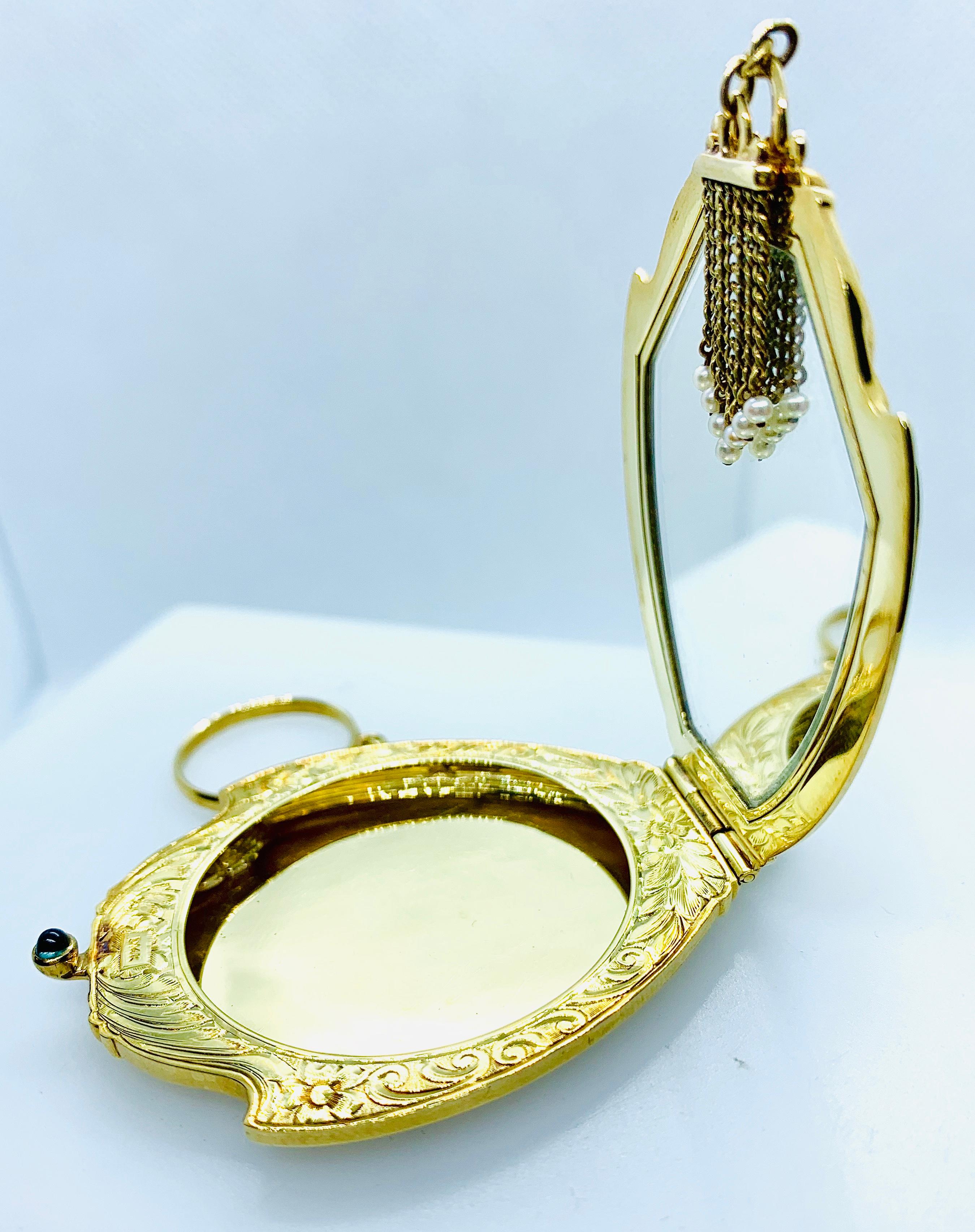 Antique Victorian Ladies Compact Mirror 14 Karat Gold Pearl & Cabochon Sapphire 5