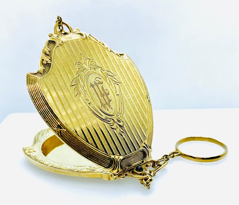 Antique Victorian Ladies Compact Mirror 14 Karat Gold Pearl and Cabochon Sapphire at 1stDibs