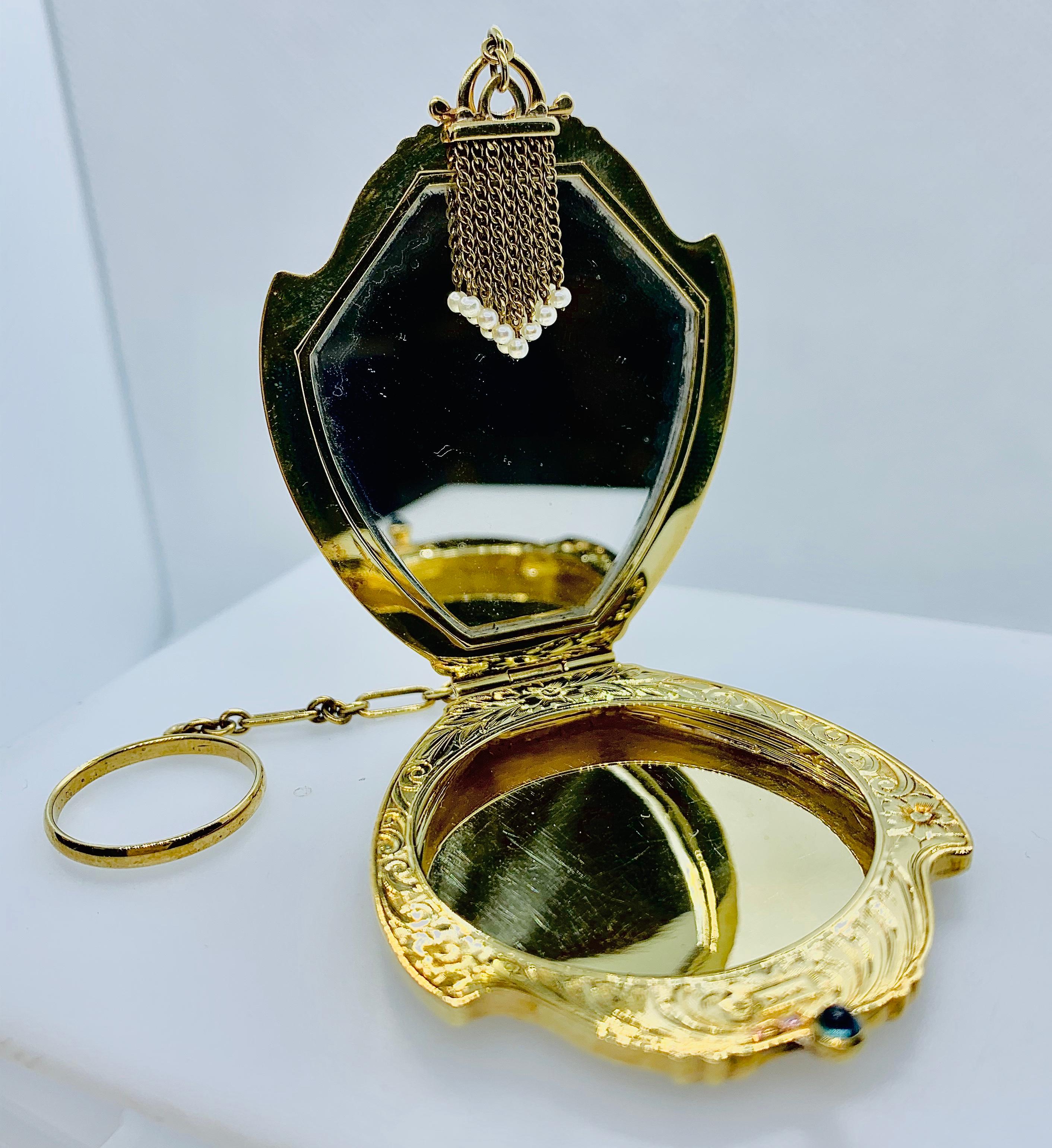 Antique Victorian Ladies Compact Mirror 14 Karat Gold Pearl & Cabochon Sapphire 2