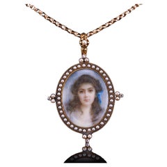 Antique Victorian Lady Portrait Pendant Necklace Pearls 
Diamond 9ct Gold