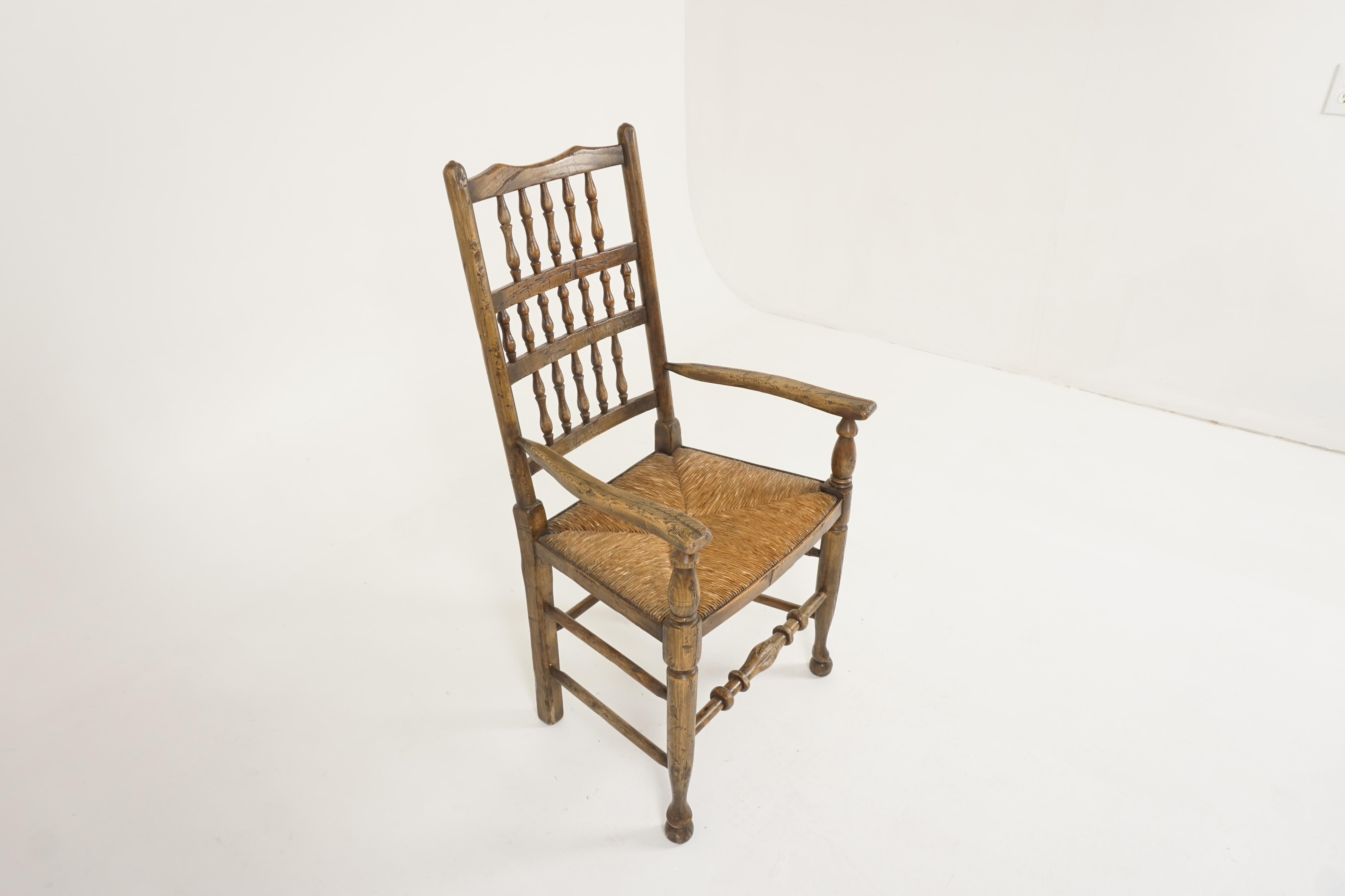 English Antique Victorian Lancashire Elm Rush Seated Chair, England 1880, B2324