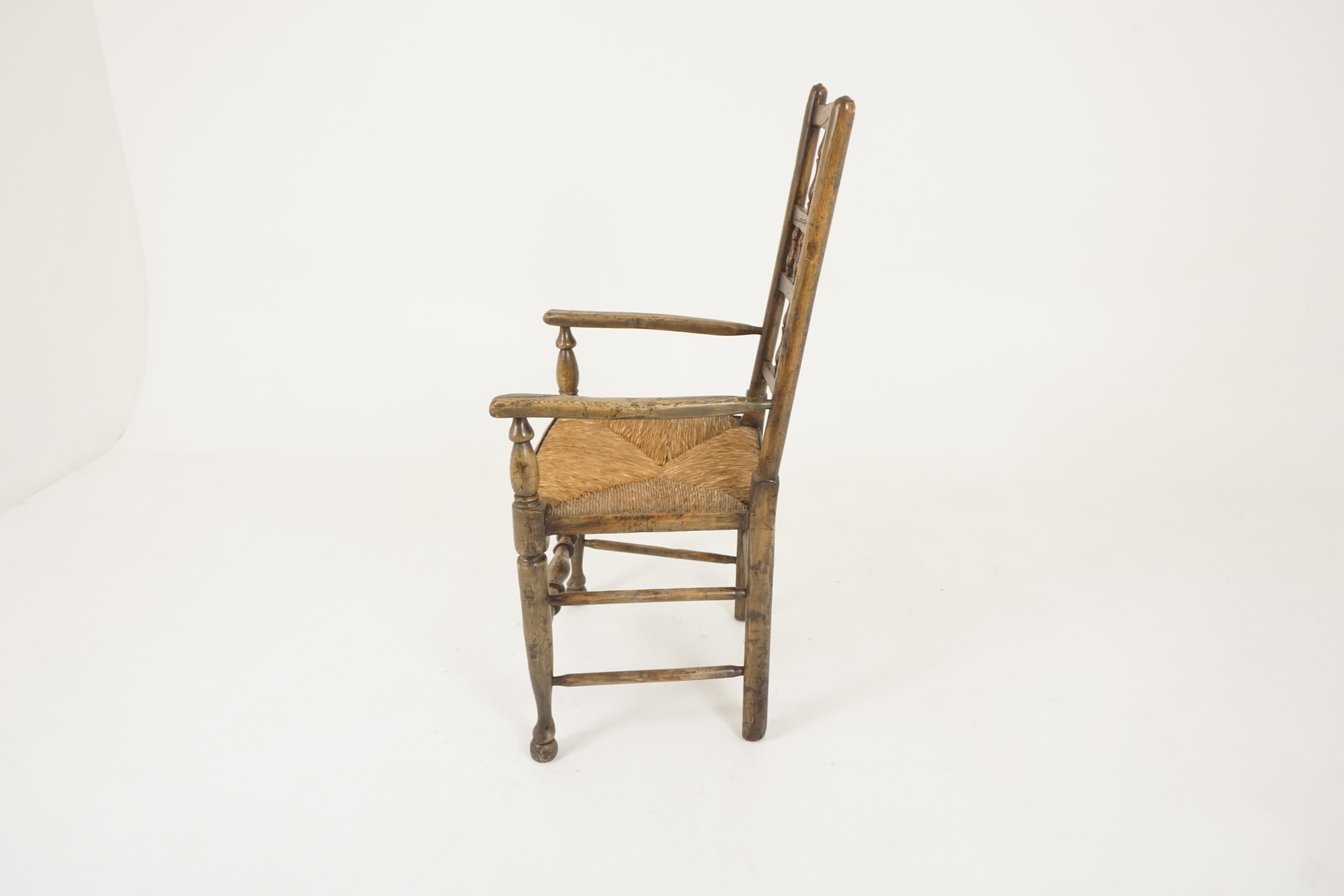 Walnut Antique Victorian Lancashire Elm Rush Seated Chair, England 1880, B2324
