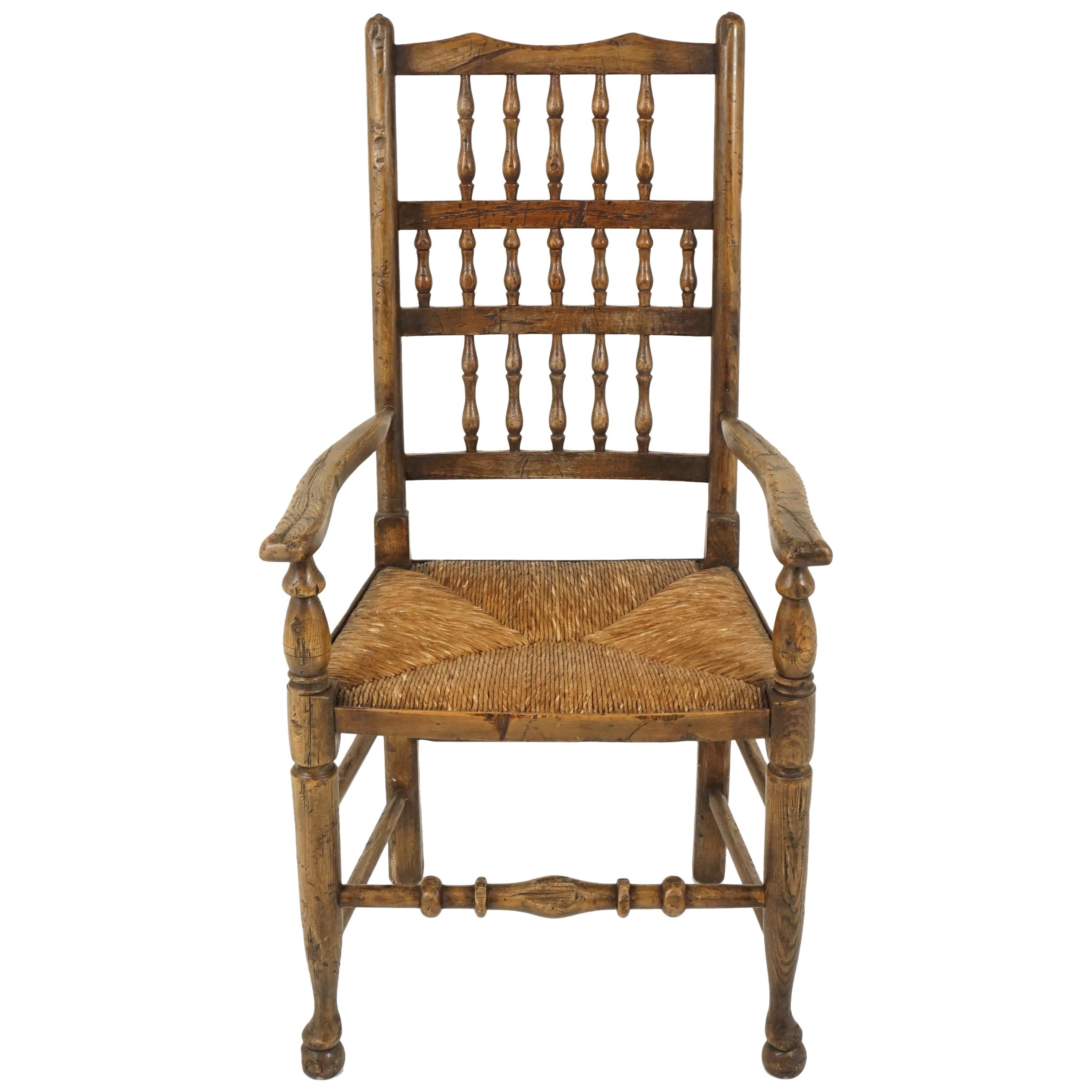 Antique Victorian Lancashire Elm Rush Seated Chair, England 1880, B2324