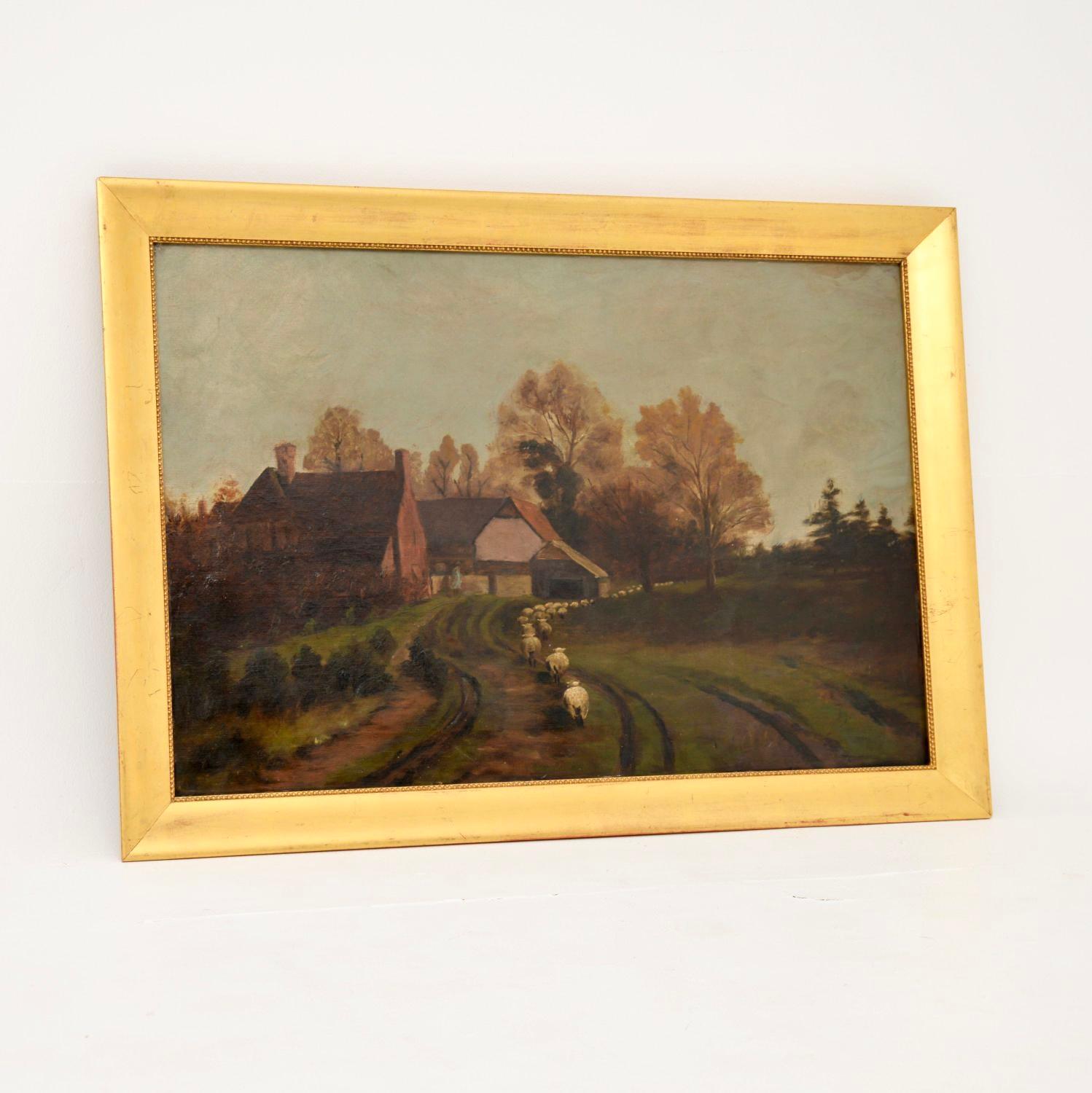 A charming antique Victorian landscape oil painting. This is English, it dates from around the 1860-1880 period.

It is beautifully executed and depicts a countryside scene of sheep being herded along a country road.

It has darkened slightly