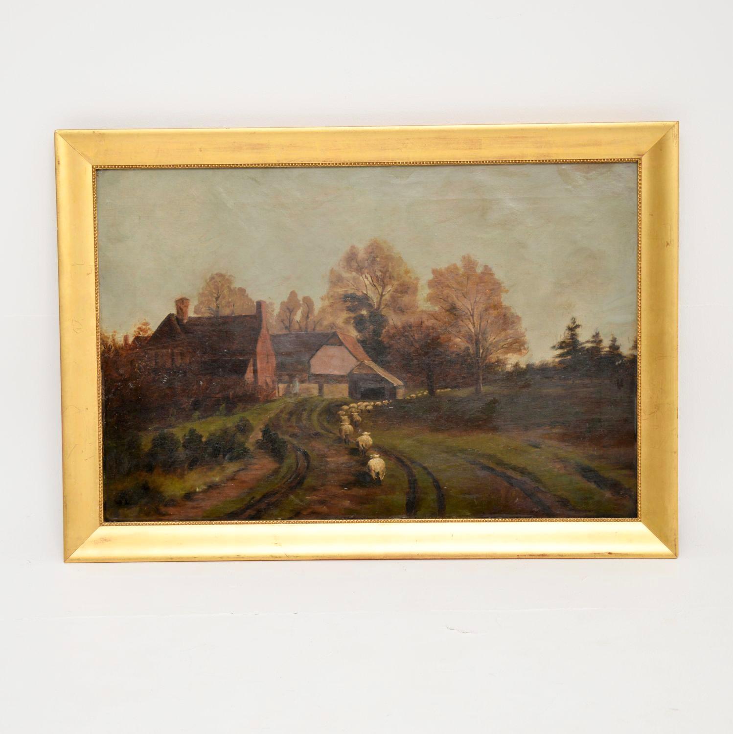 A charming antique Victorian landscape oil painting. This is English, it dates from around the 1860-1880 period.

It is beautifully executed and depicts a countryside scene of sheep being herded along a country road.

It has darkened slightly