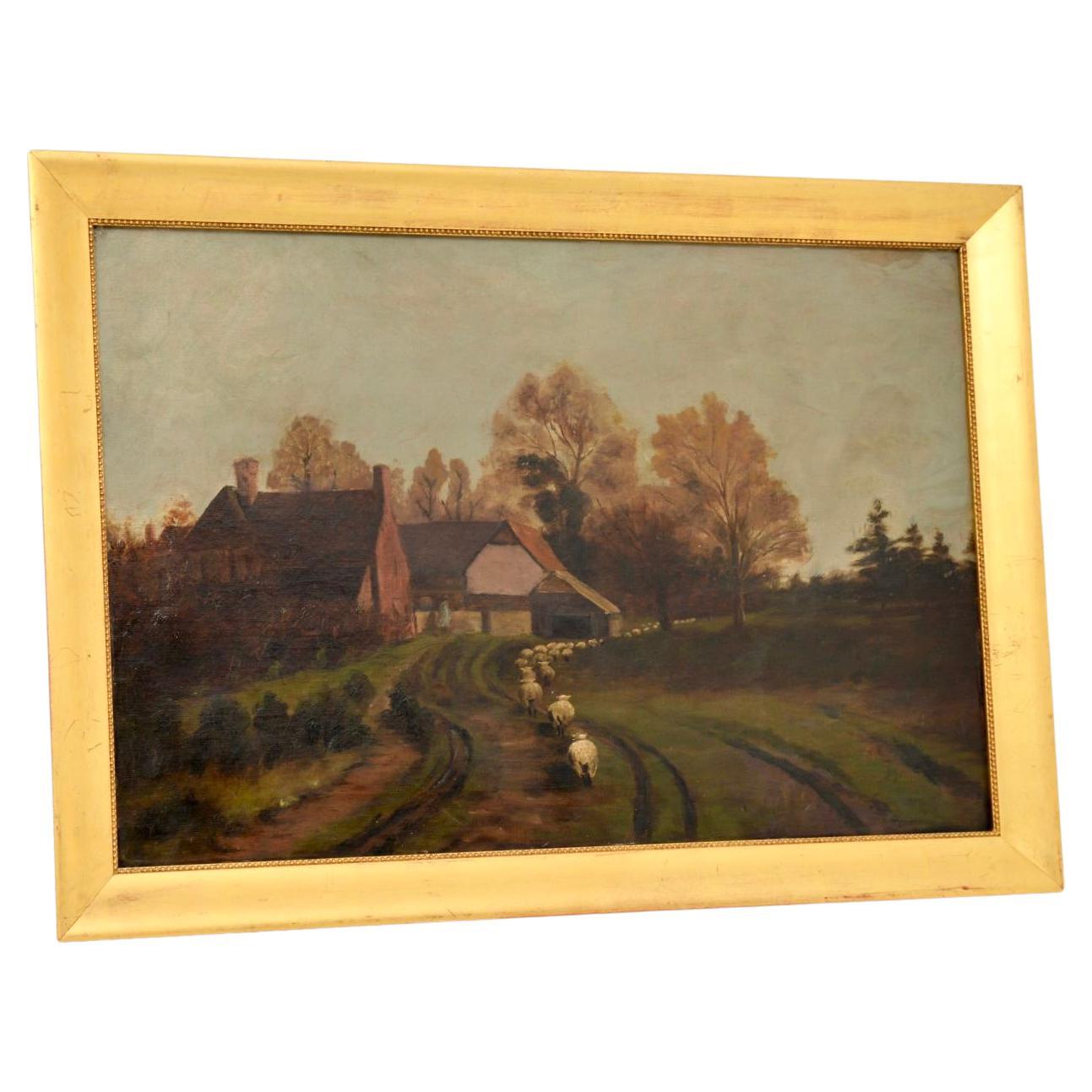Peinture à l'huile ancienne de paysage victorien en vente