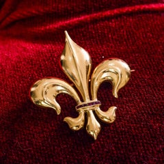 Antique Victorian Large 18K Gold & Ruby Fleur De Lis Brooch, C.1900