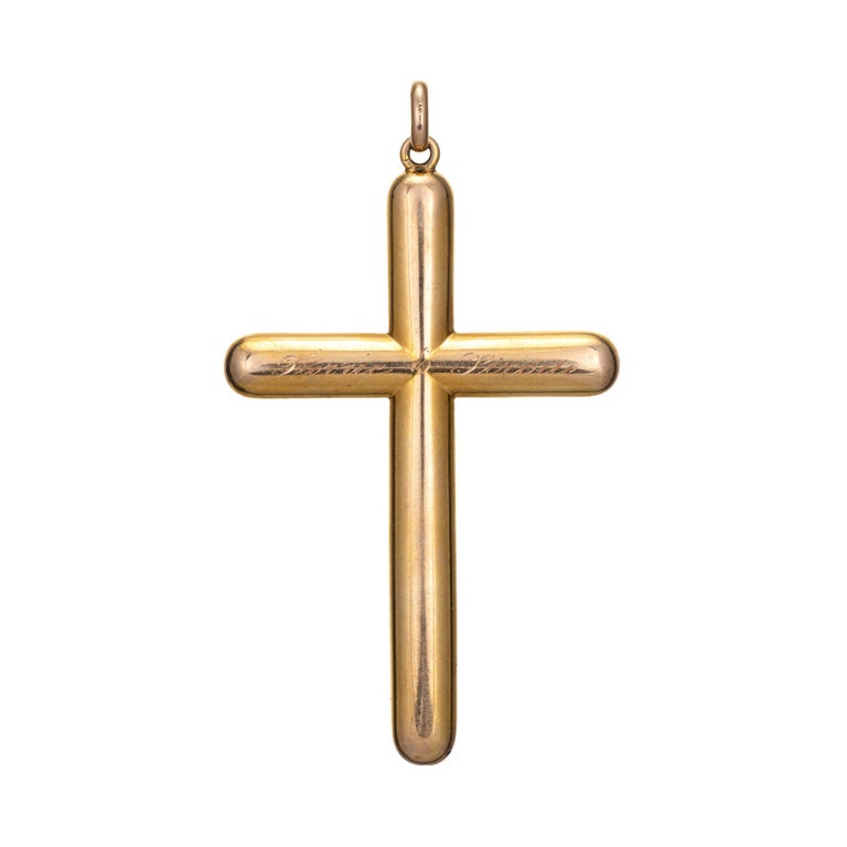 Antique Victorian Large Cross Pendant Chased 14k Yellow Gold Religious