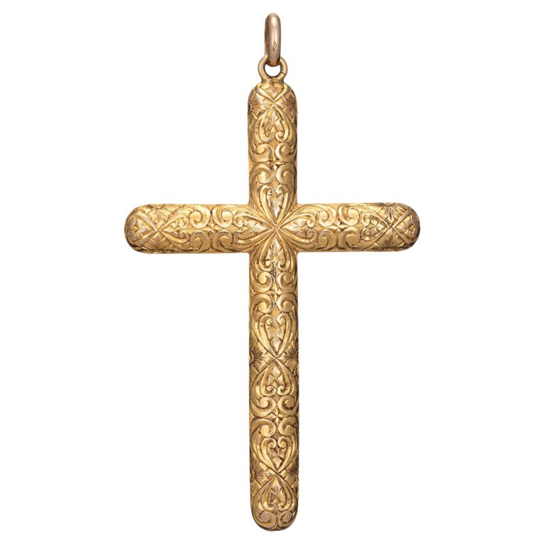 Antique Victorian Large Cross Pendant Chased 14k Yellow Gold Religious