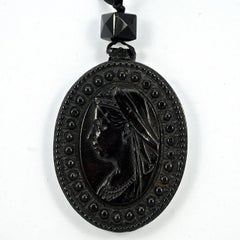 Antique Victorian Large Faux Jet Queen Victoria Mourning Pendant and Ribbon