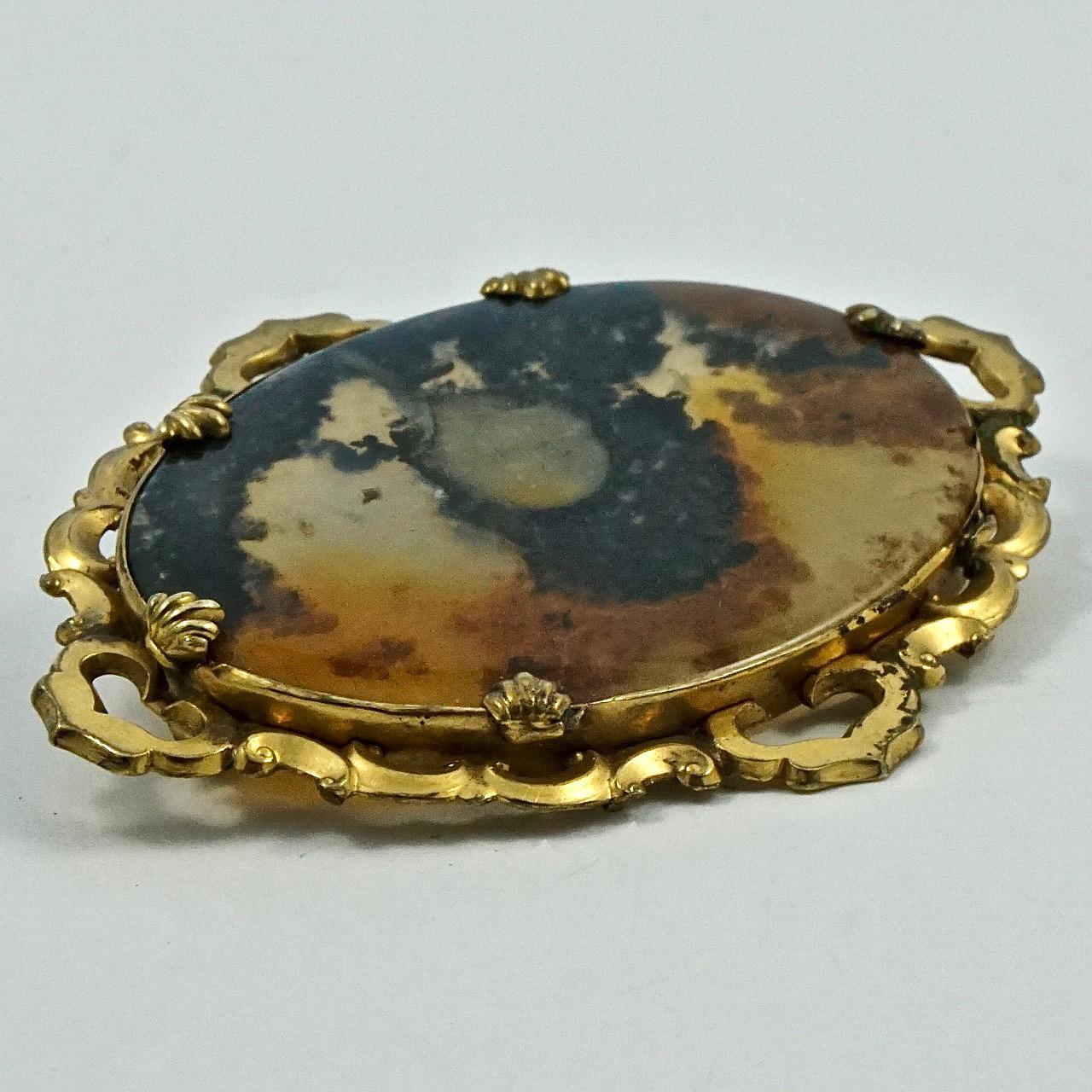 Oval Cut Antique Victorian Large Gold Plated Moss Agate Brooch For Sale
