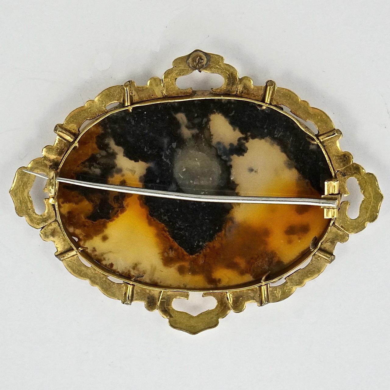 Women's or Men's Antique Victorian Large Gold Plated Moss Agate Brooch For Sale