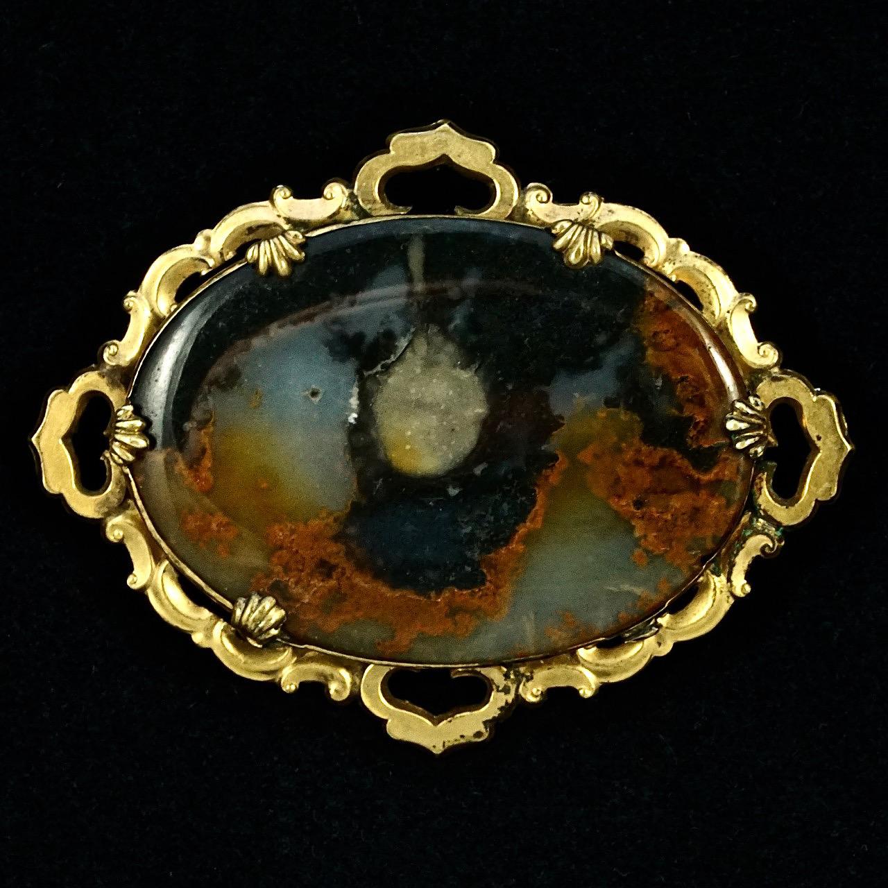 Antique Victorian Large Gold Plated Moss Agate Brooch For Sale 1