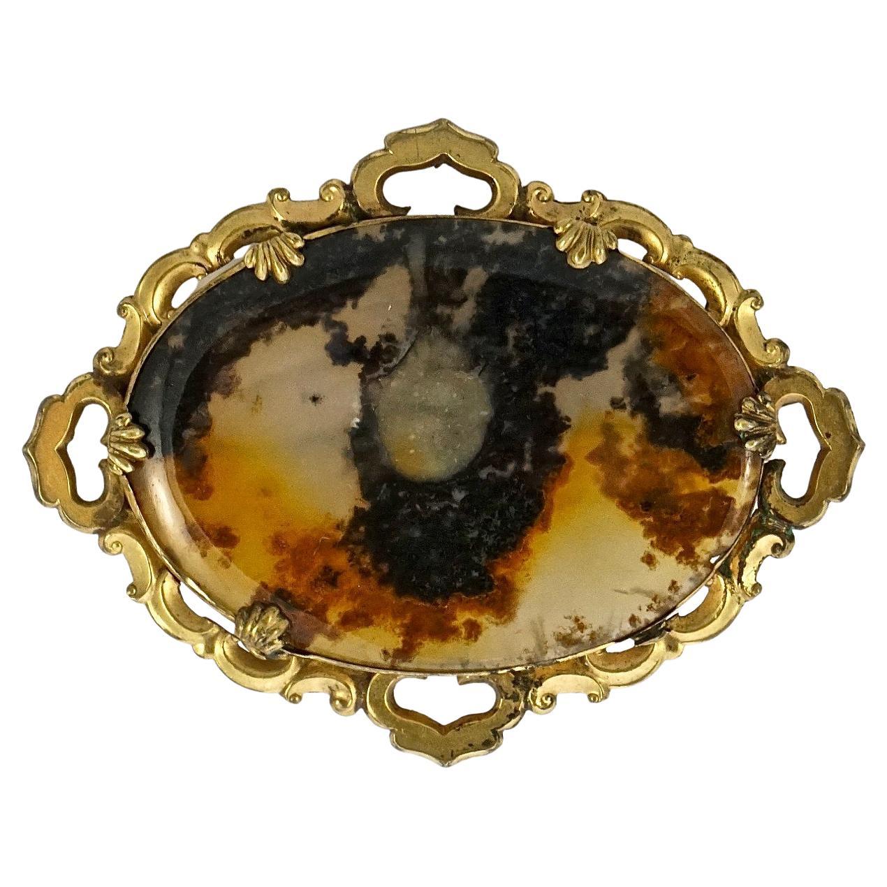 Antique Victorian Large Gold Plated Moss Agate Brooch For Sale