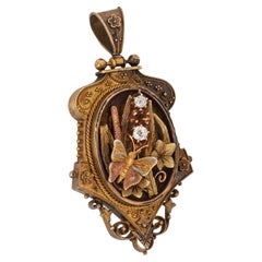 Antique Victorian Large Locket 14k Yellow Gold Diamond Pendant Opens Butterfly