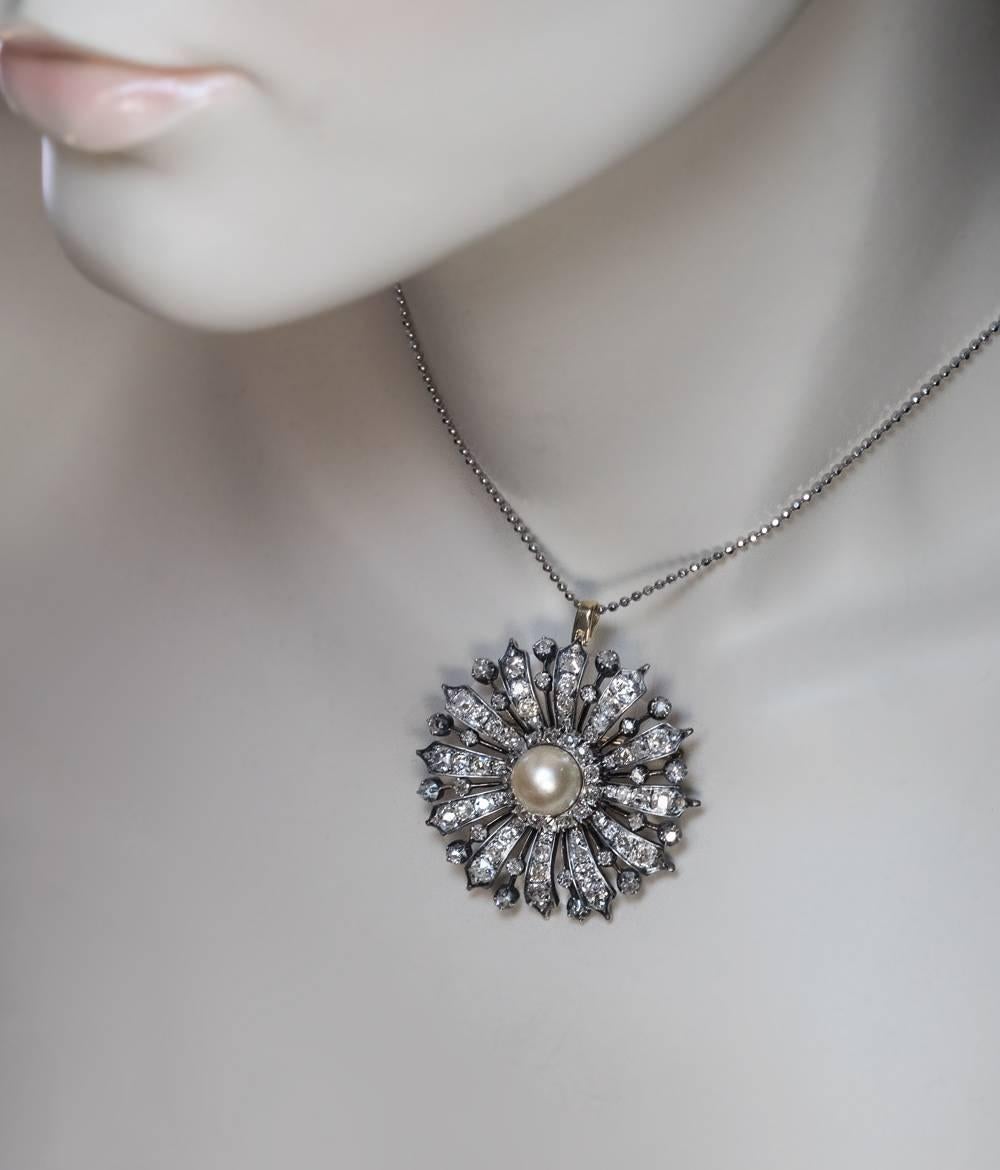 Taille vieille mine Grande broche pendentif victorienne ancienne en perles naturelles et diamants en vente