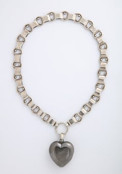 Antique Victorian Large Niello Heart Locket and Chain