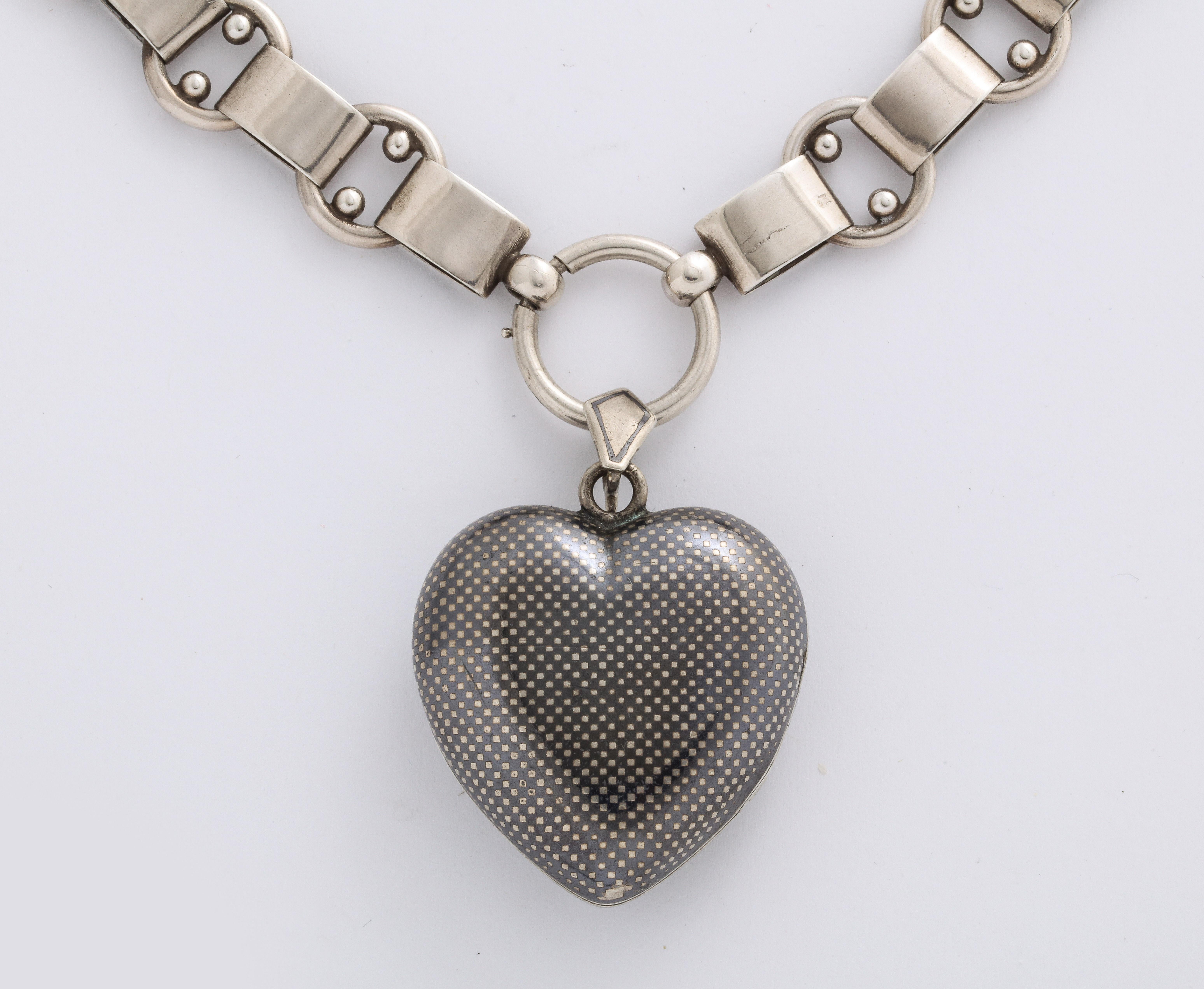 Antique Victorian Large Niello Heart Locket and Chain 2