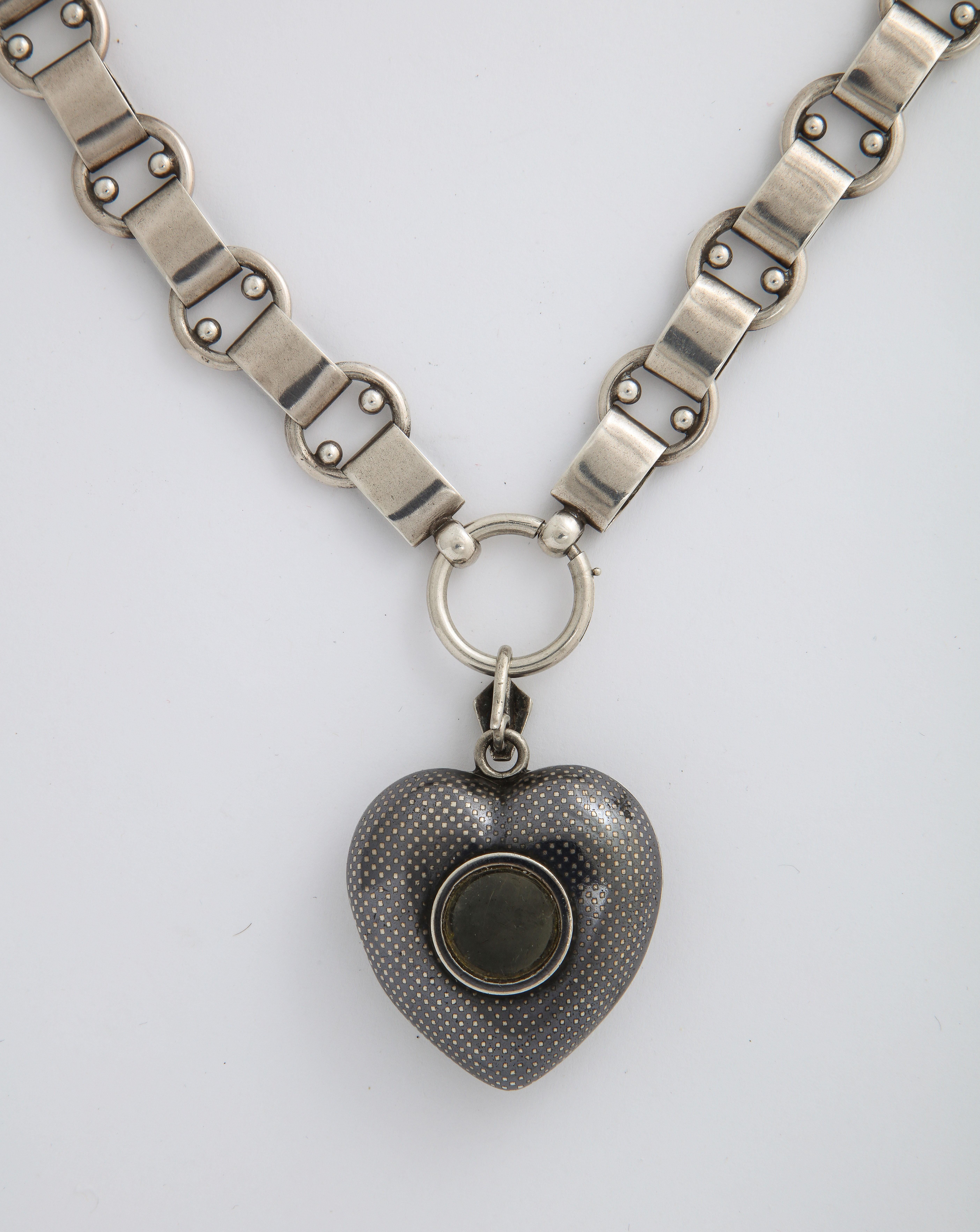 Antique Victorian Large Niello Heart Locket and Chain 5