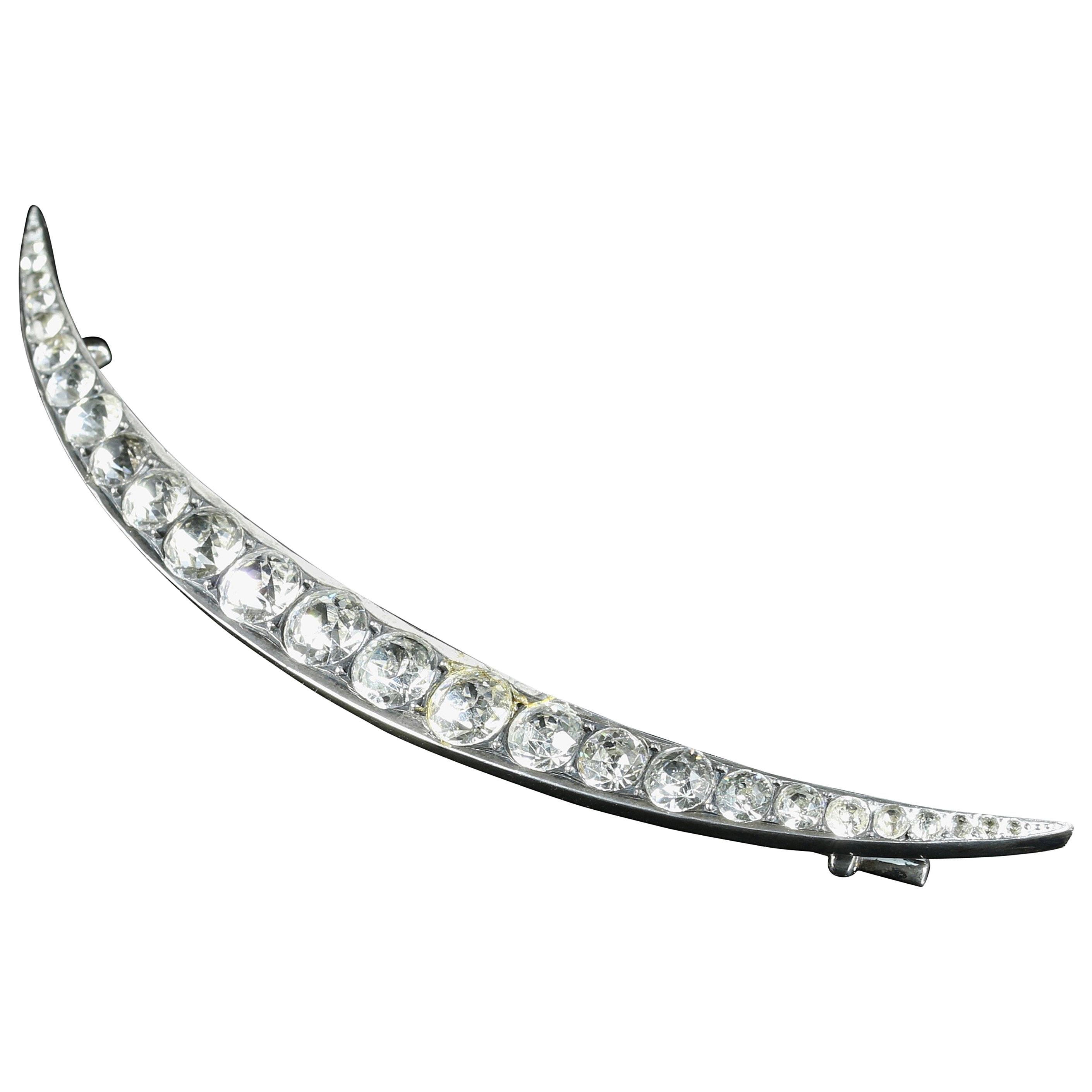 Antique Victorian Large Paste Crescent Brooch Silver, circa 1860 For Sale