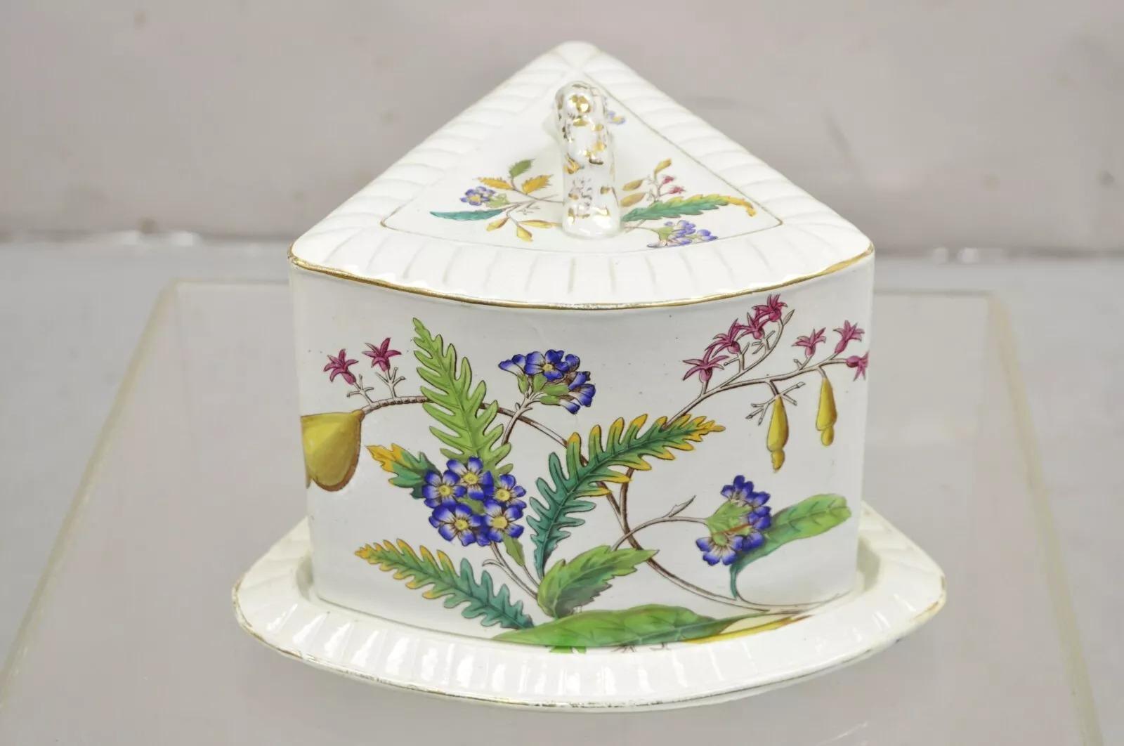 Antique Victorian Large Porcelain Covered Cheese Dish with Flowers and Leaves For Sale 6