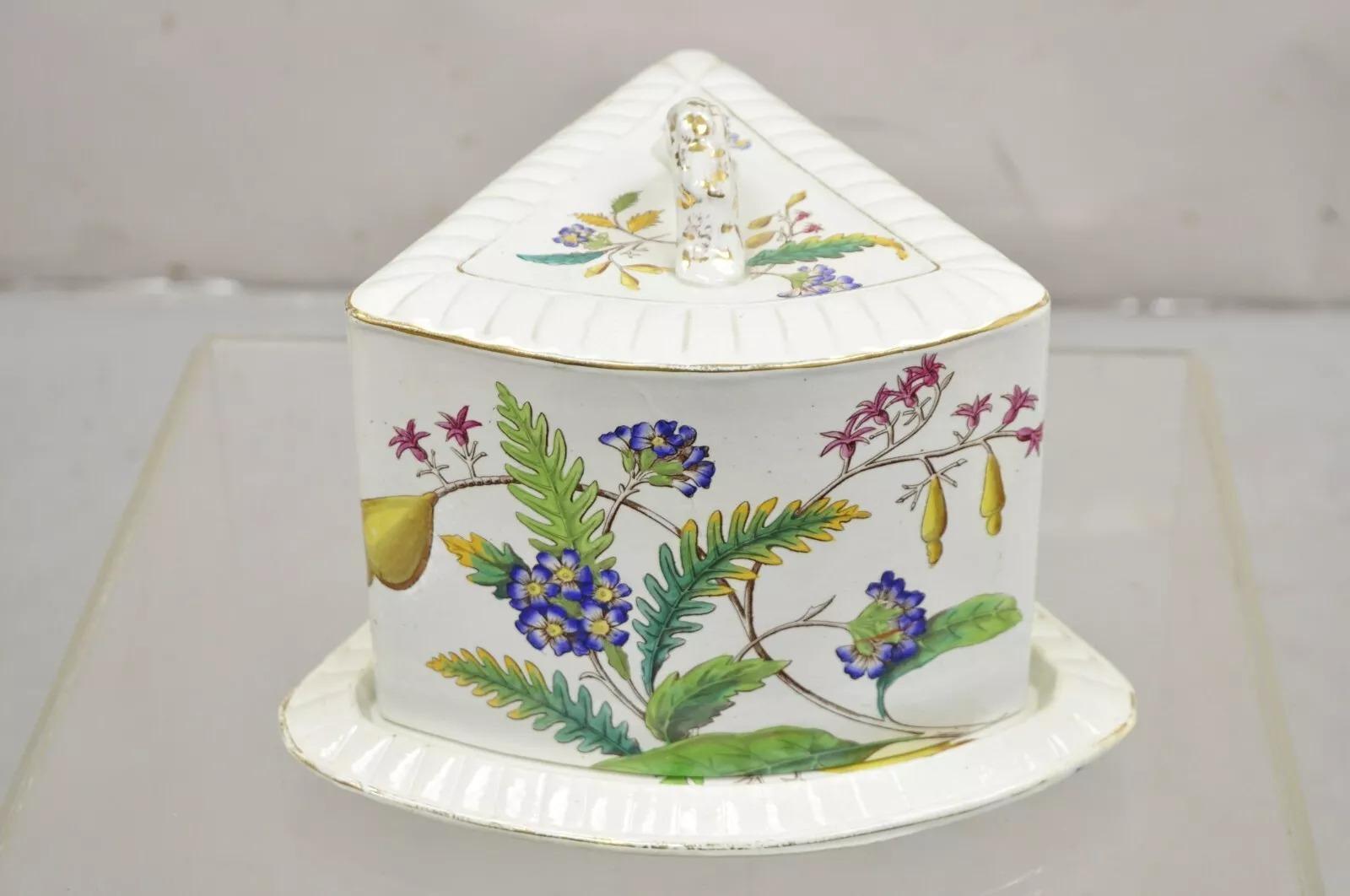 Grand plat à fromage victorien ancien couvert de porcelaine avec fleurs et feuilles en vente 4