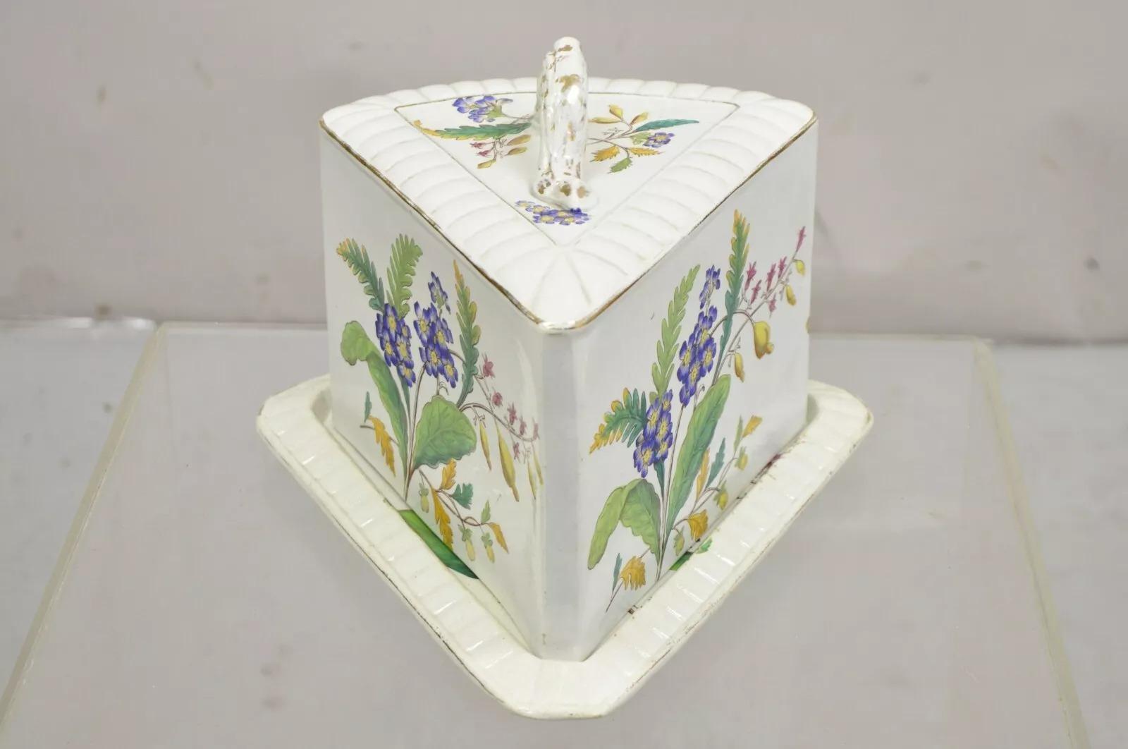 19th Century Antique Victorian Large Porcelain Covered Cheese Dish with Flowers and Leaves For Sale