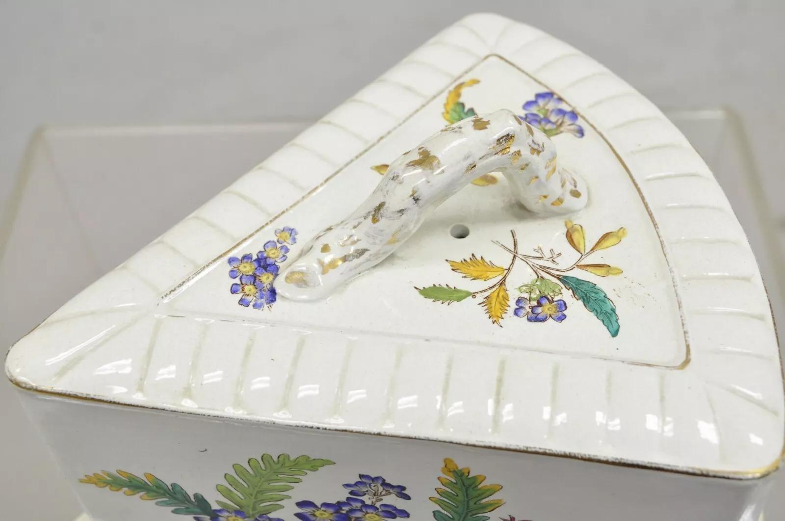 Antique Victorian Large Porcelain Covered Cheese Dish with Flowers and Leaves For Sale 1