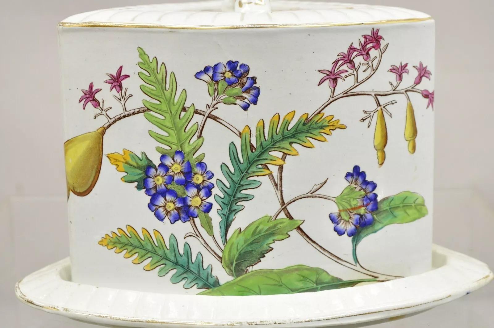 Porcelaine Grand plat à fromage victorien ancien couvert de porcelaine avec fleurs et feuilles en vente