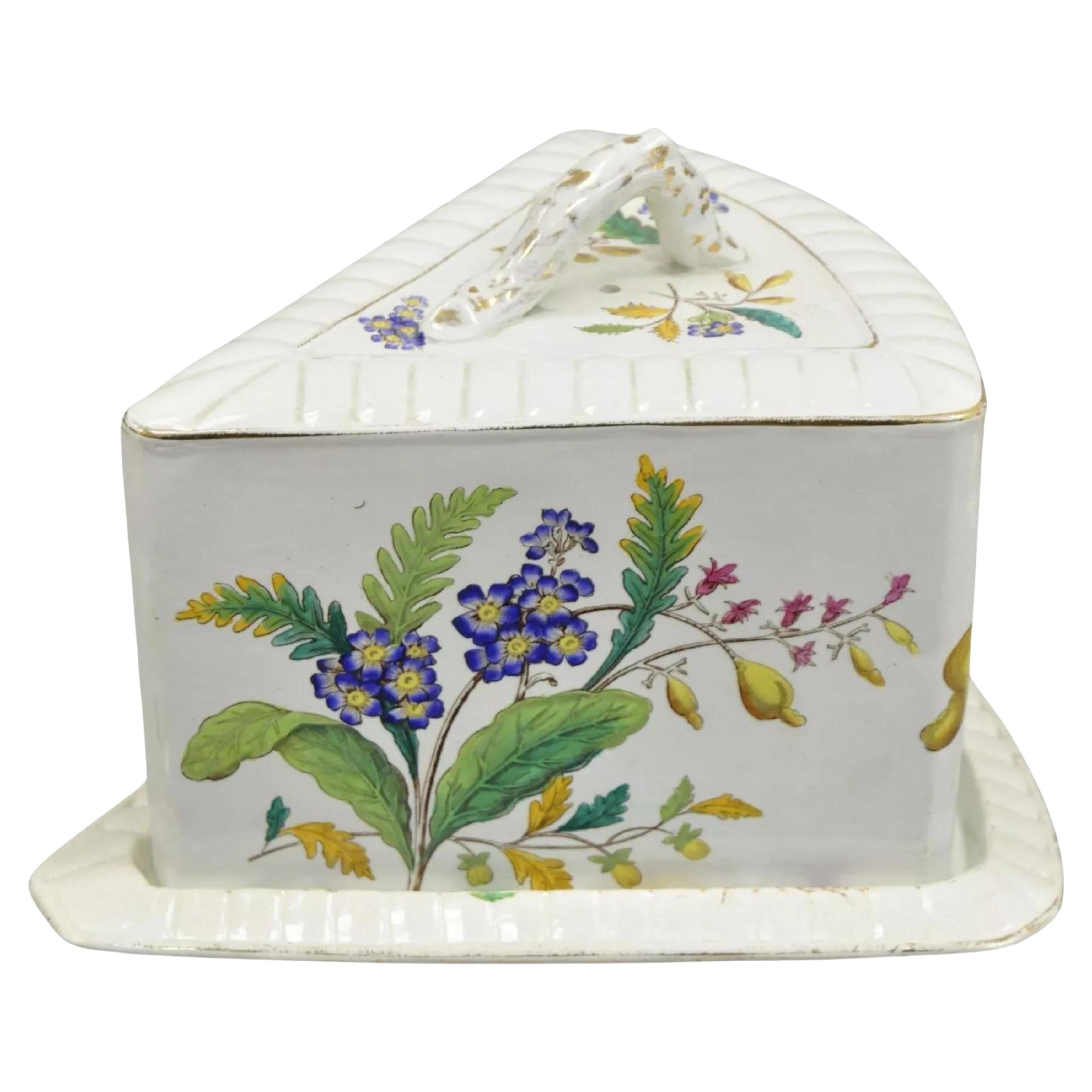 Antique Victorian Large Porcelain Covered Cheese Dish with Flowers and Leaves For Sale