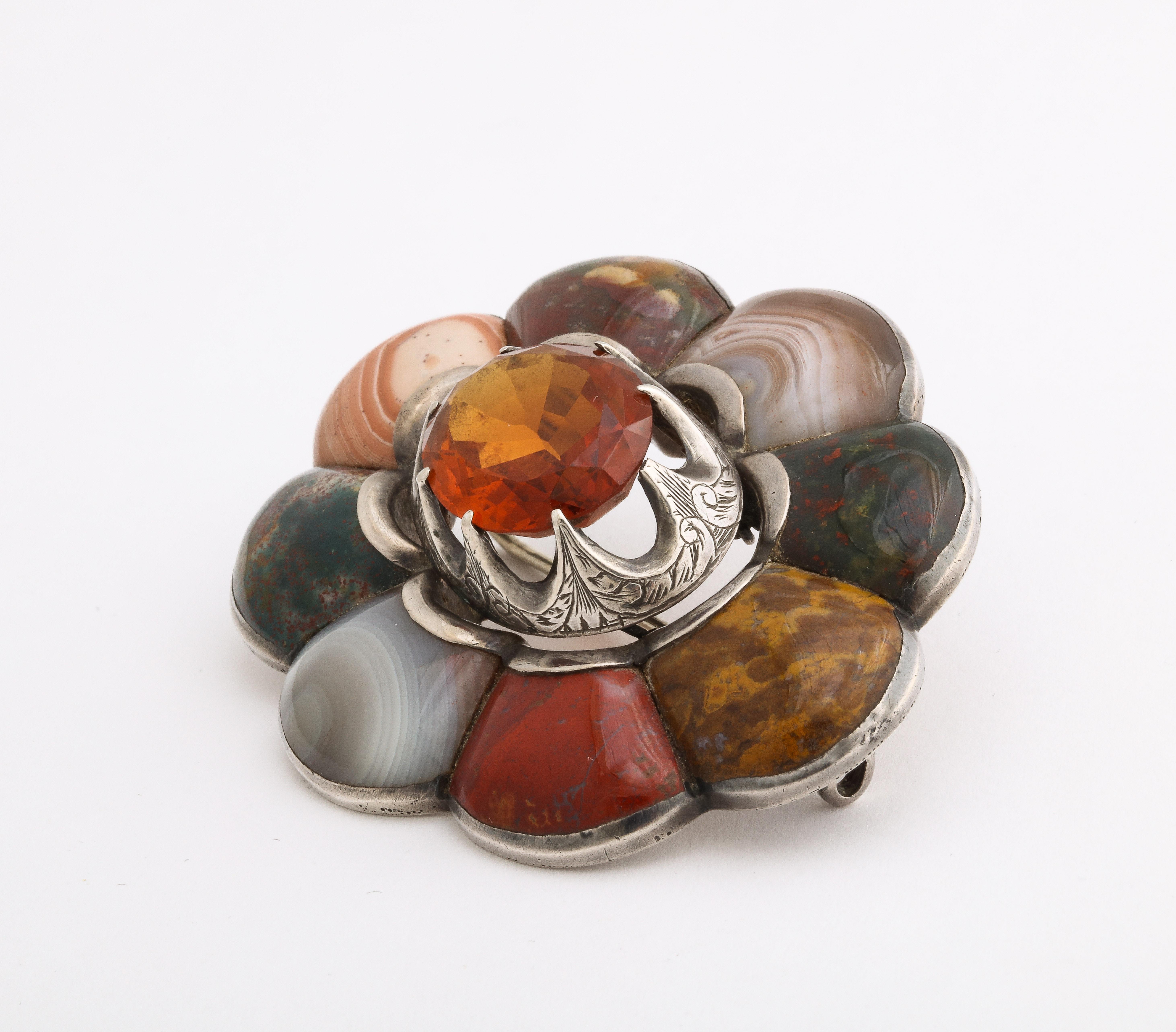 Antique Victorian Large Scalloped Scottish Agate Citrine Brooch In Excellent Condition For Sale In Stamford, CT