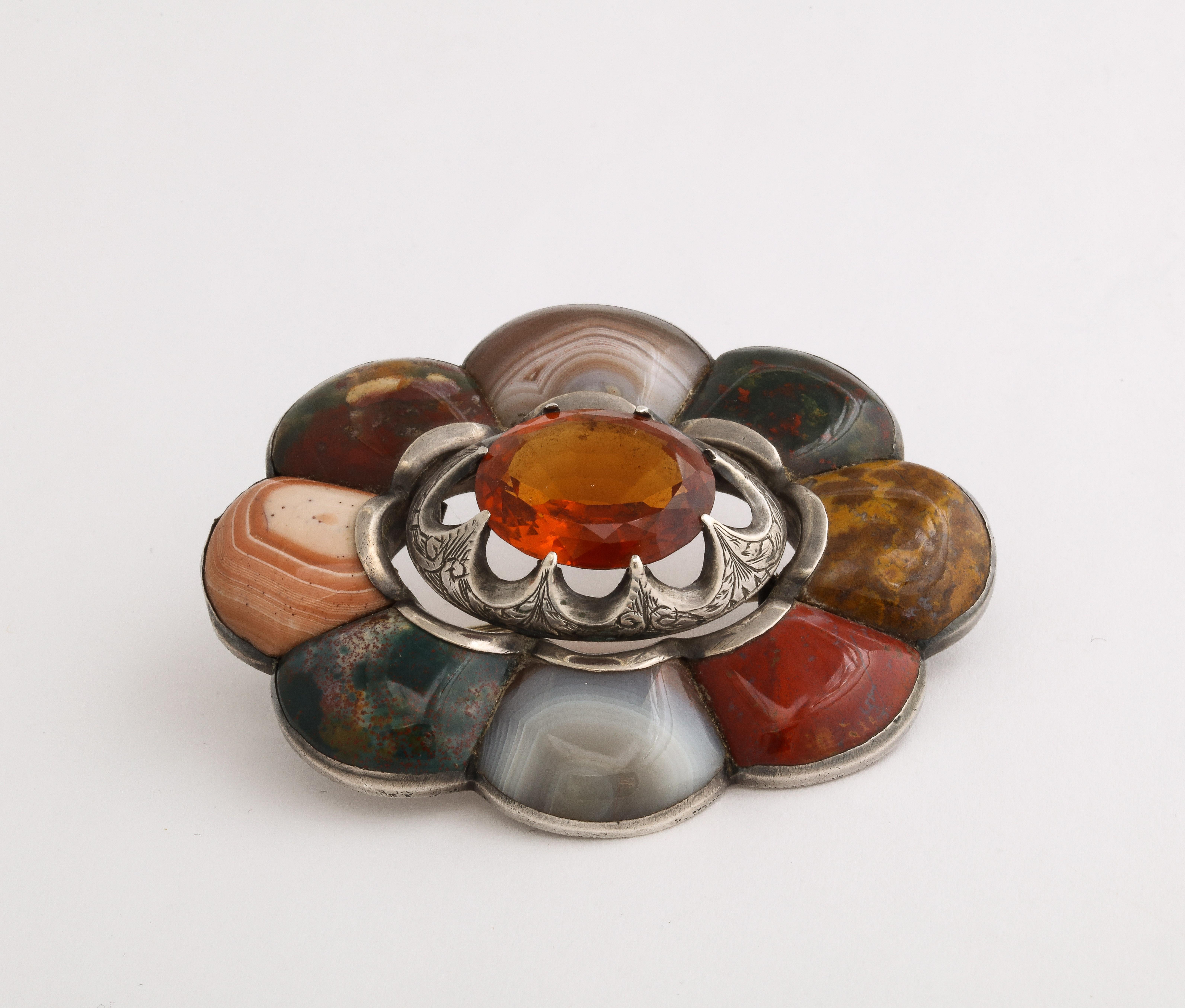 Women's or Men's Antique Victorian Large Scalloped Scottish Agate Citrine Brooch For Sale