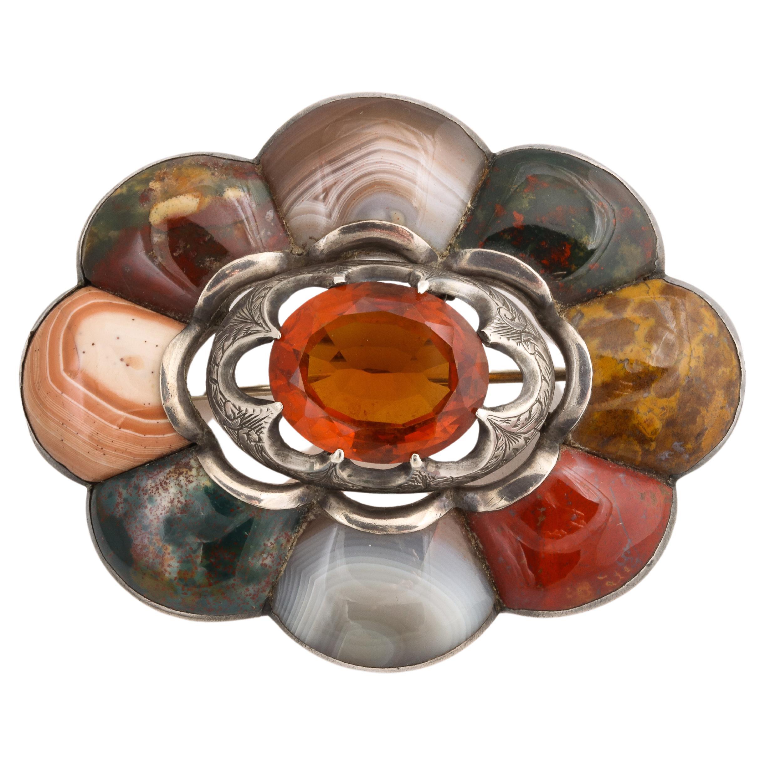 Antique Victorian Large Scalloped Scottish Agate Citrine Brooch For Sale