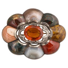 Antique Victorian Large Scalloped Scottish Agate Citrine Brooch