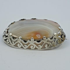 Antique Victorian Large Silver and Agate Brooch