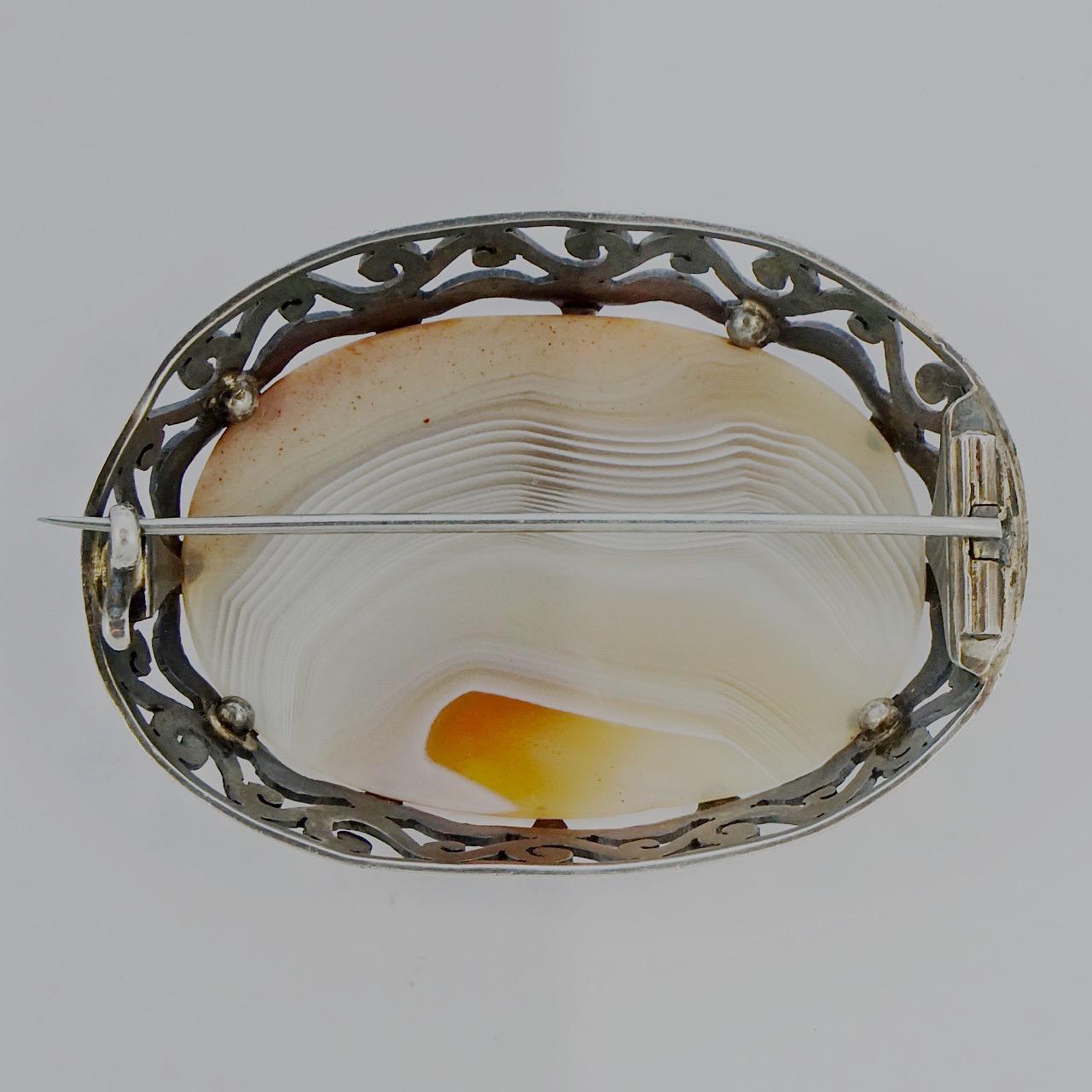 Women's or Men's Antique Victorian Large Silver and Agate Brooch For Sale