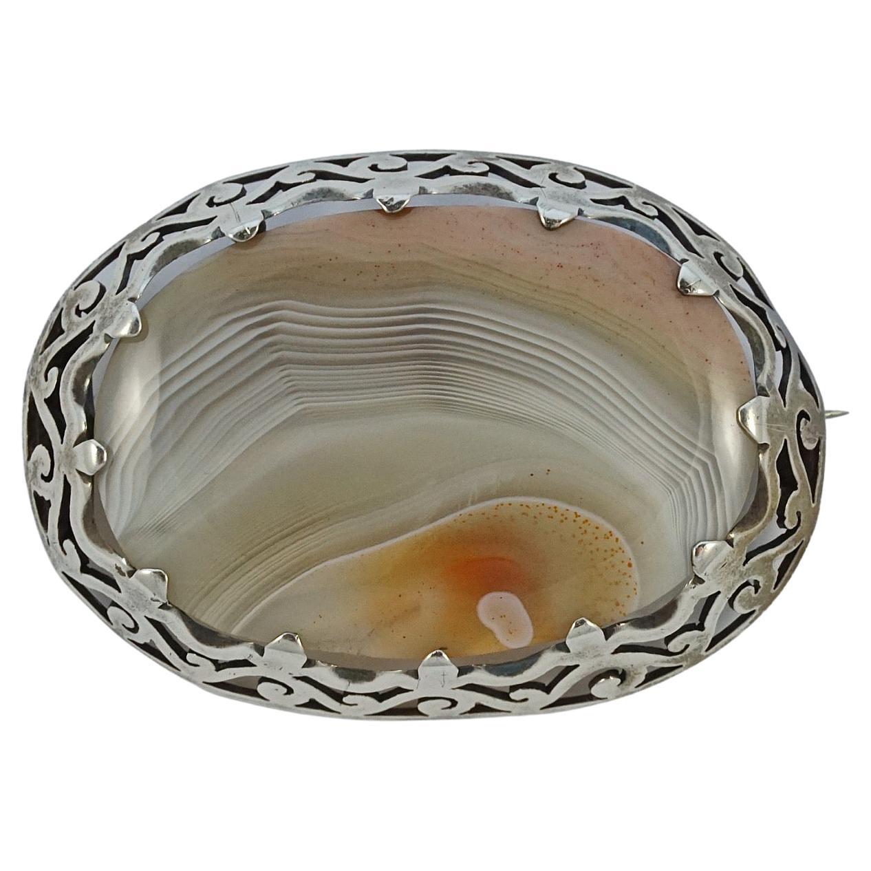 Antique Victorian Large Silver and Agate Brooch For Sale