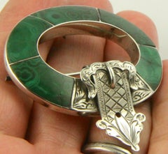 Antique Victorian Large Silver Scottish Agate Malachite Brooch Pin c1890 Estate